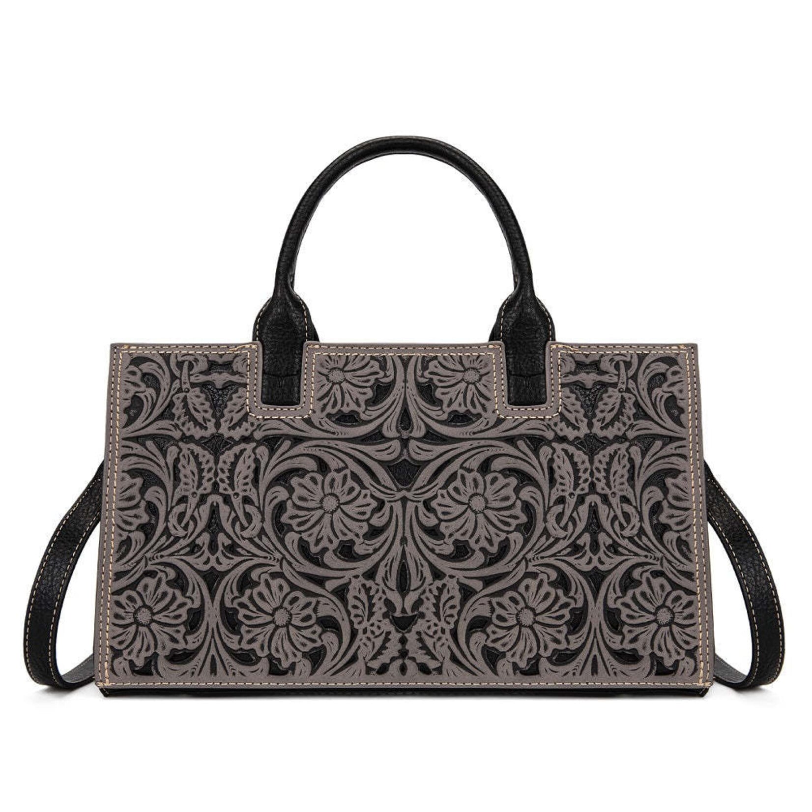 Trinity Ranch TR214-8802BK - Black - Trinity Ranch Floral Tooled Leather Western Satchel Tote Bag