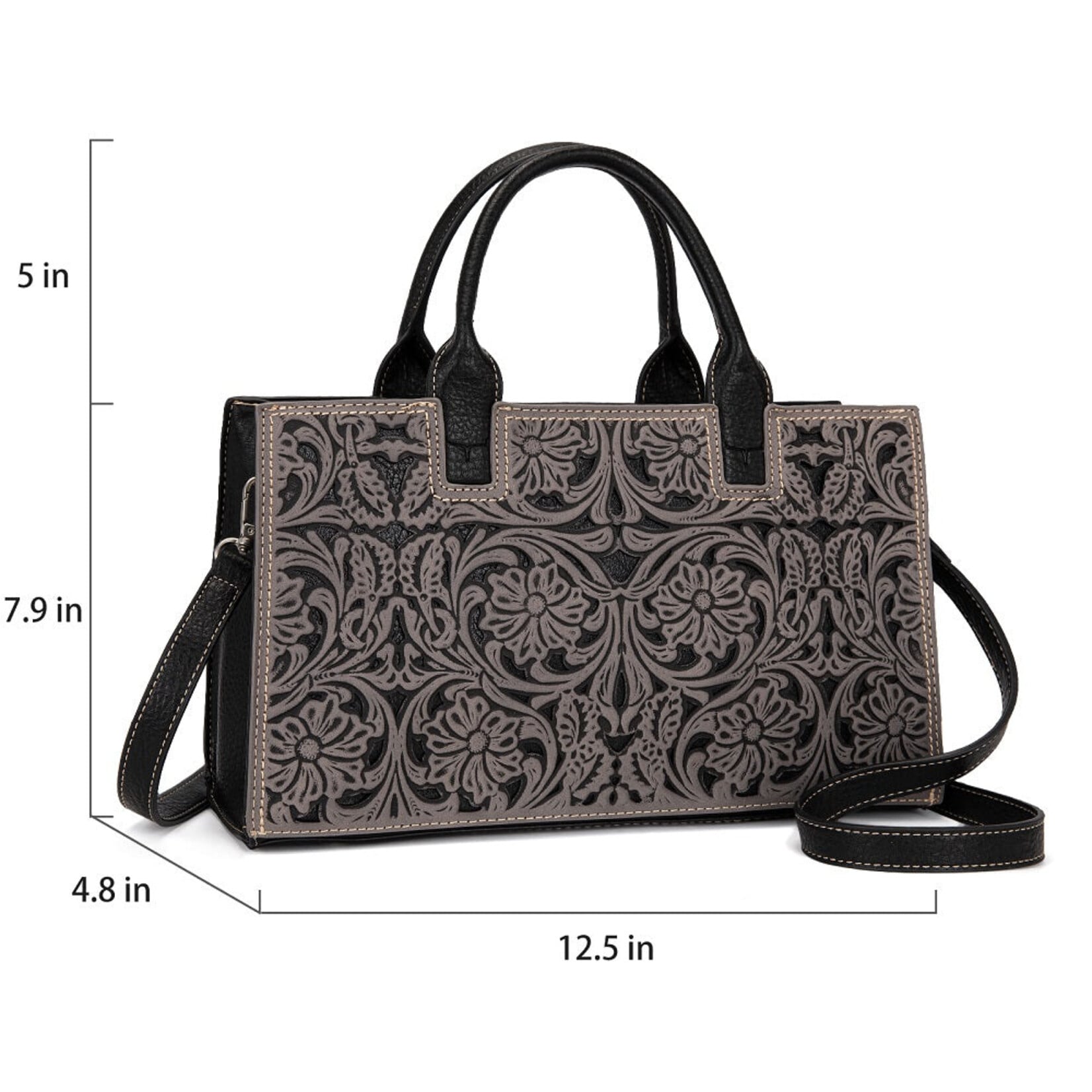 Trinity Ranch TR214-8802BK - Black - Trinity Ranch Floral Tooled Leather Western Satchel Tote Bag