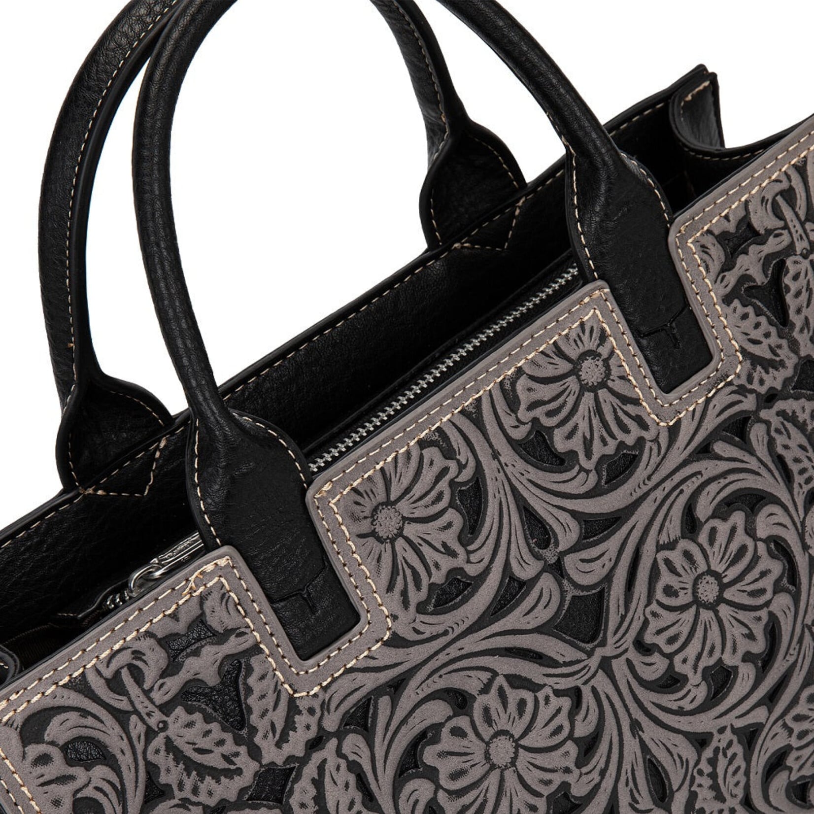 Trinity Ranch TR214-8802BK - Black - Trinity Ranch Floral Tooled Leather Western Satchel Tote Bag