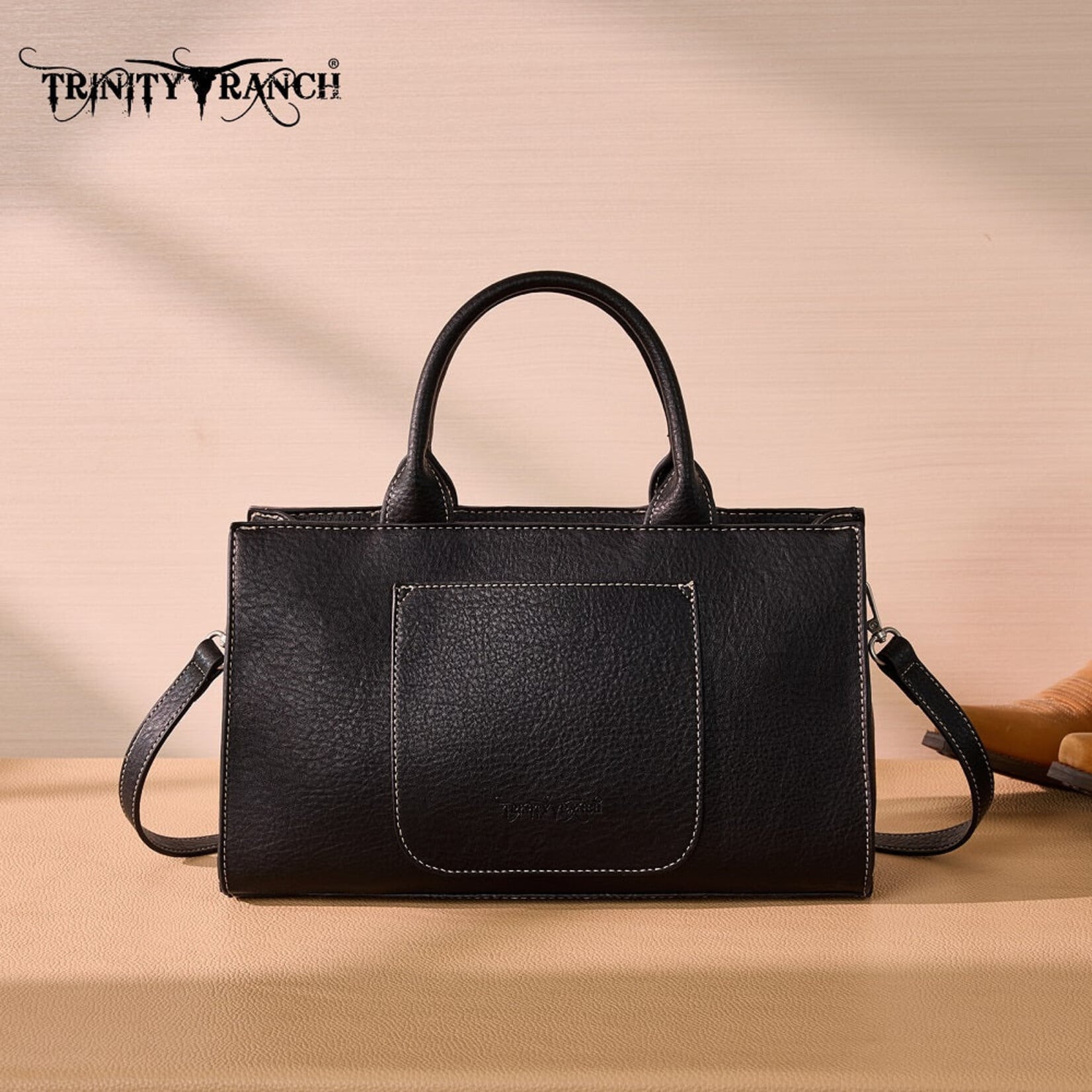 Trinity Ranch TR214-8802BK - Black - Trinity Ranch Floral Tooled Leather Western Satchel Tote Bag