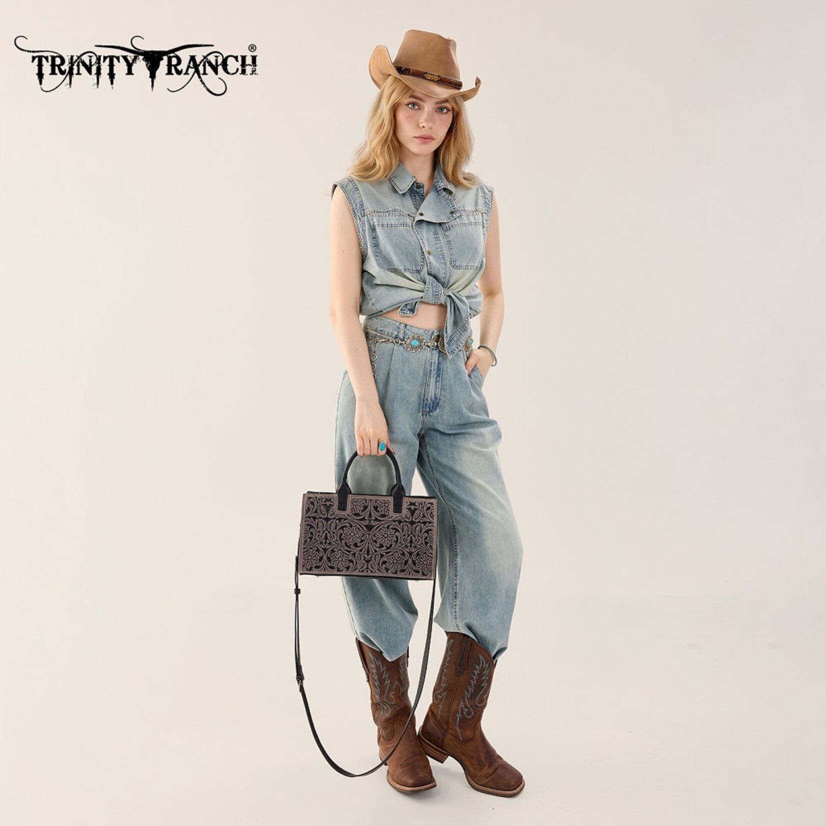 Trinity Ranch TR214-8802BK - Black - Trinity Ranch Floral Tooled Leather Western Satchel Tote Bag