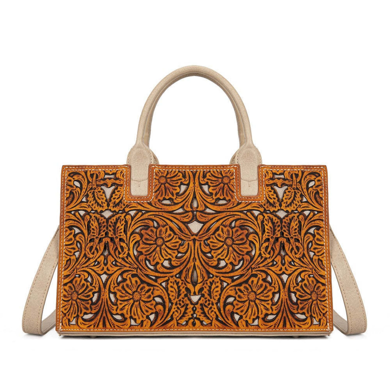 Trinity Ranch TR214-8802BR - Brown - Trinity Ranch Floral Tooled Leather Western Satchel Tote Bag