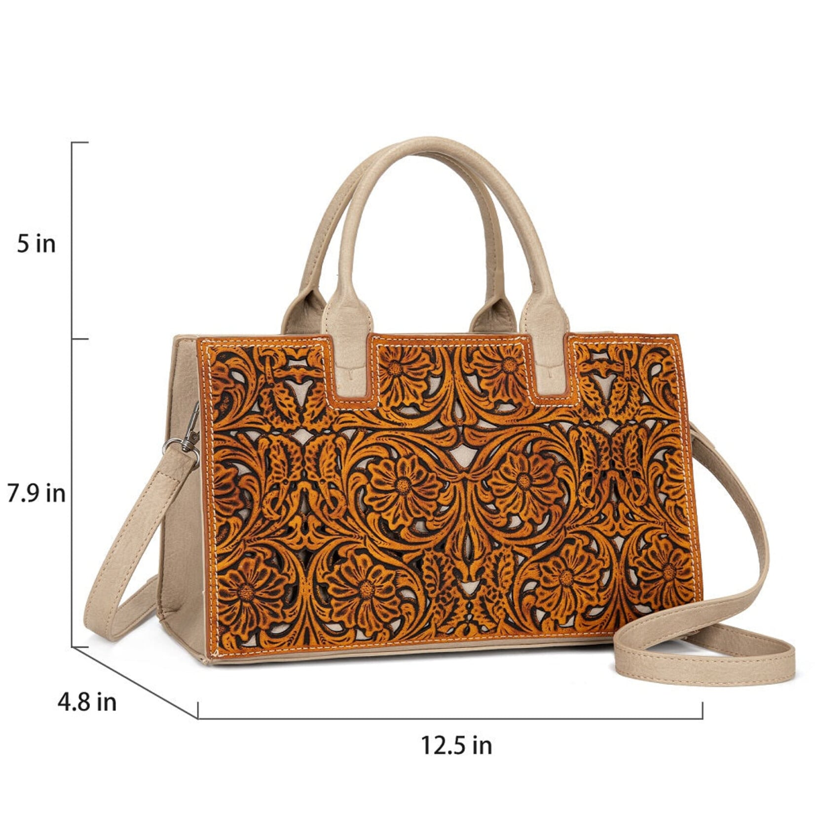 Trinity Ranch TR214-8802BR - Brown - Trinity Ranch Floral Tooled Leather Western Satchel Tote Bag