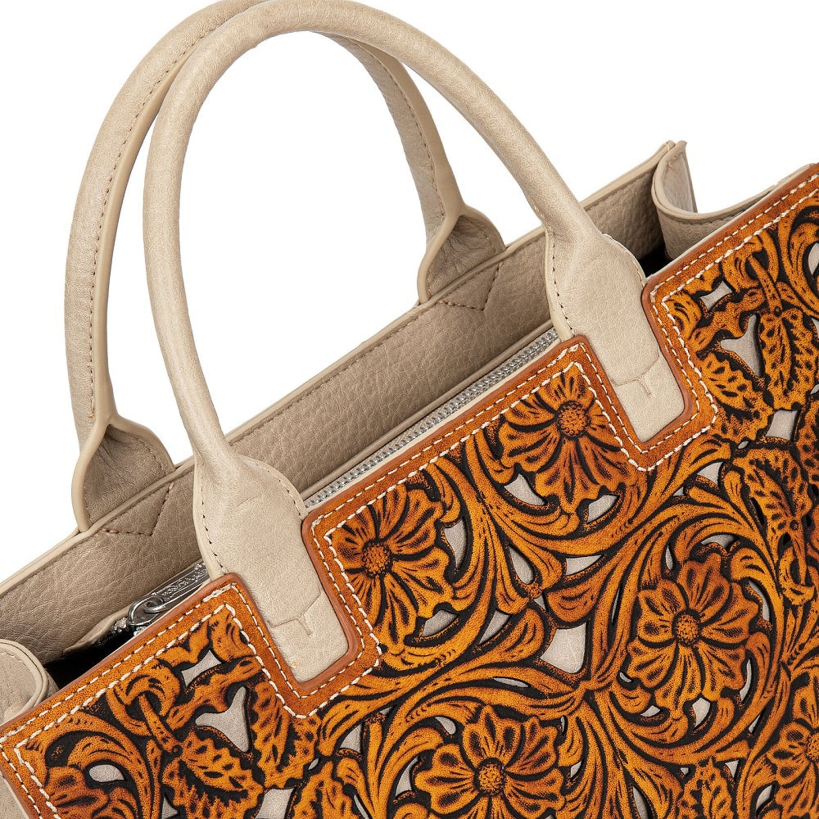 Trinity Ranch TR214-8802BR - Brown - Trinity Ranch Floral Tooled Leather Western Satchel Tote Bag