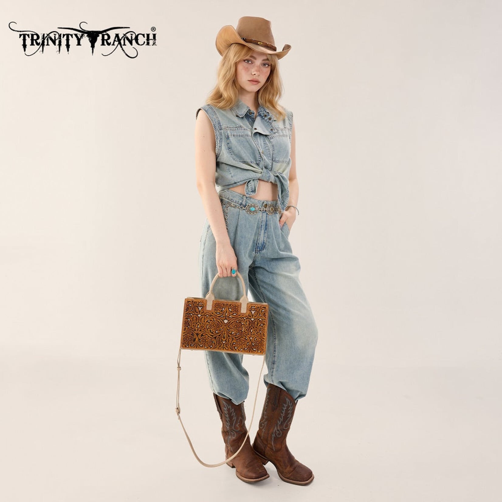 Trinity Ranch TR214-8802BR - Brown - Trinity Ranch Floral Tooled Leather Western Satchel Tote Bag