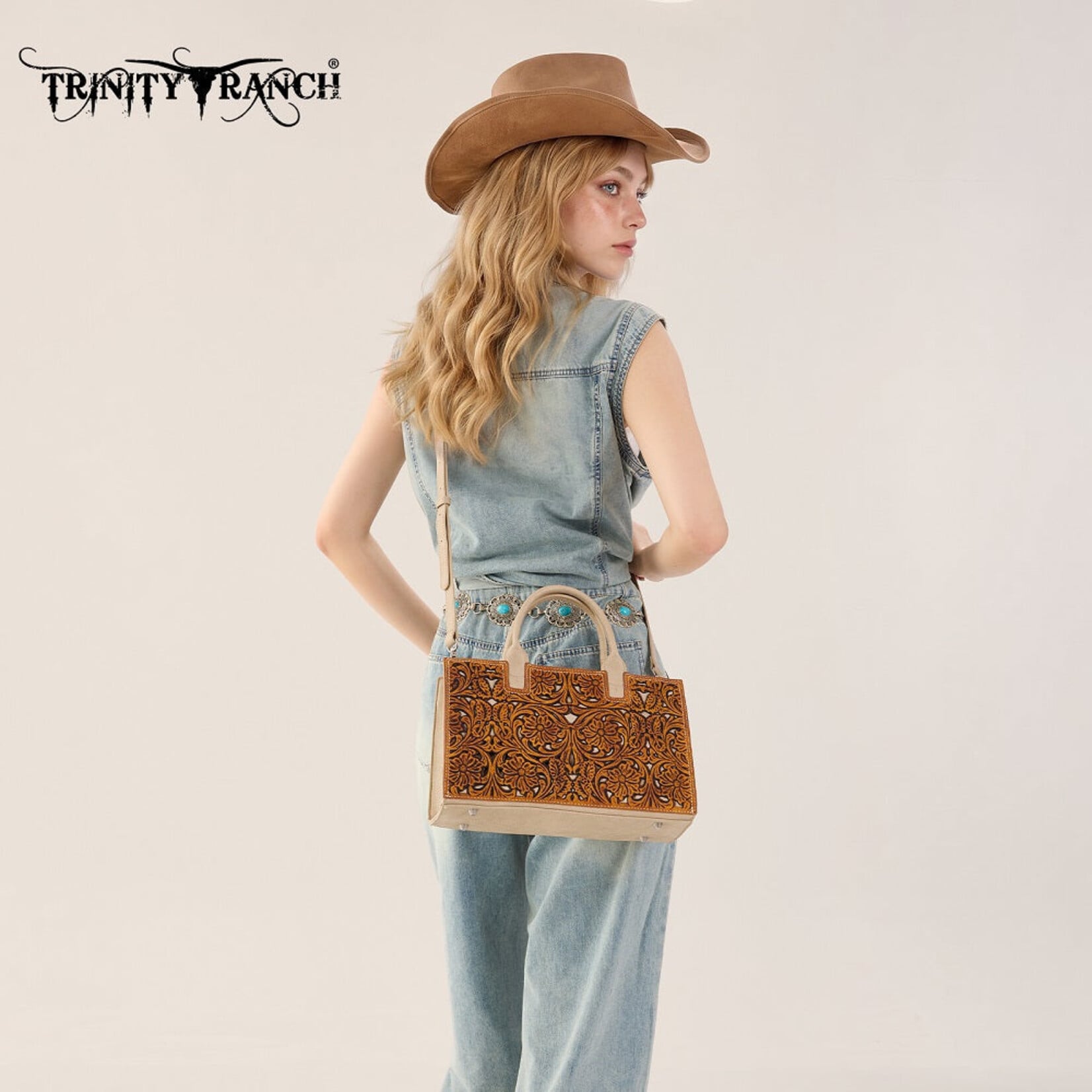 Trinity Ranch TR214-8802BR - Brown - Trinity Ranch Floral Tooled Leather Western Satchel Tote Bag