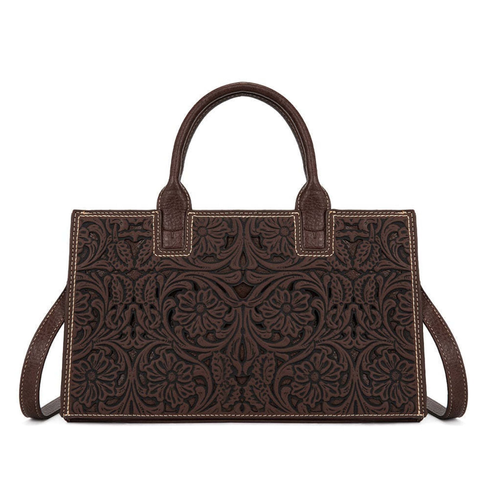 Trinity Ranch TR214-8802CF - Coffee - Trinity Ranch Floral Tooled Leather Western Satchel Tote Bag