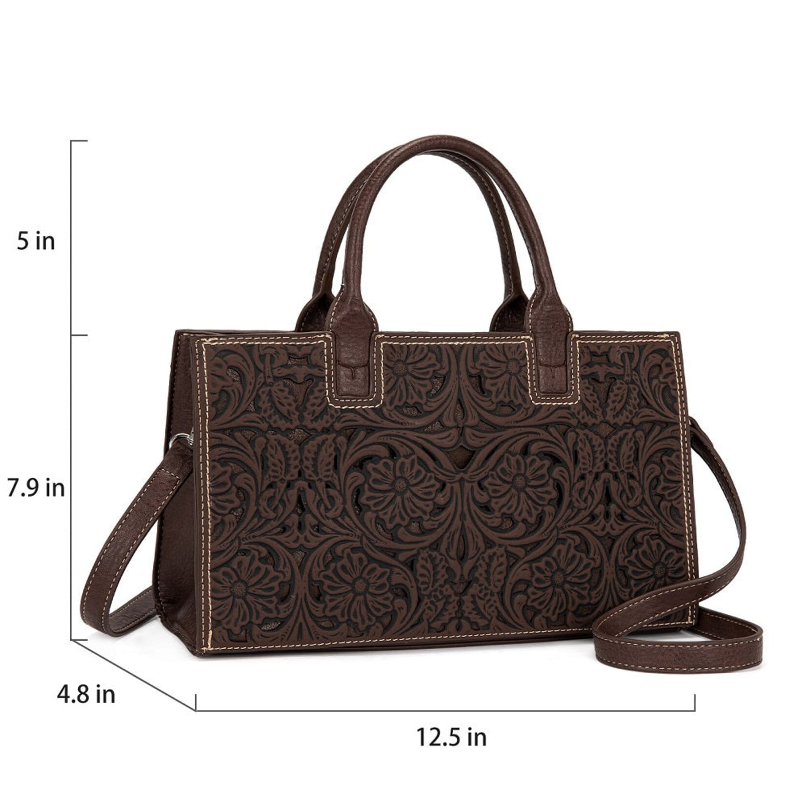 Trinity Ranch TR214-8802CF - Coffee - Trinity Ranch Floral Tooled Leather Western Satchel Tote Bag