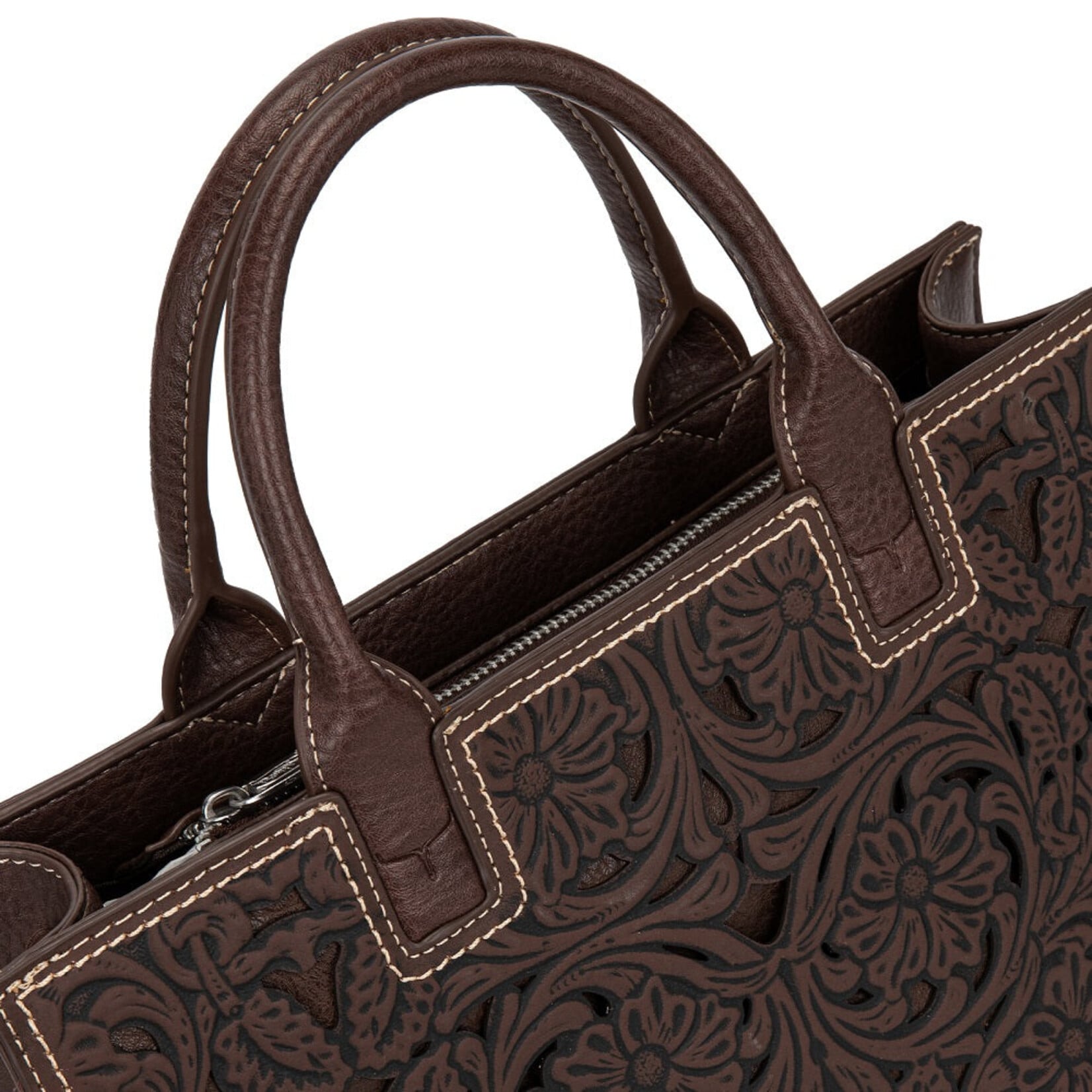 Trinity Ranch TR214-8802CF - Coffee - Trinity Ranch Floral Tooled Leather Western Satchel Tote Bag
