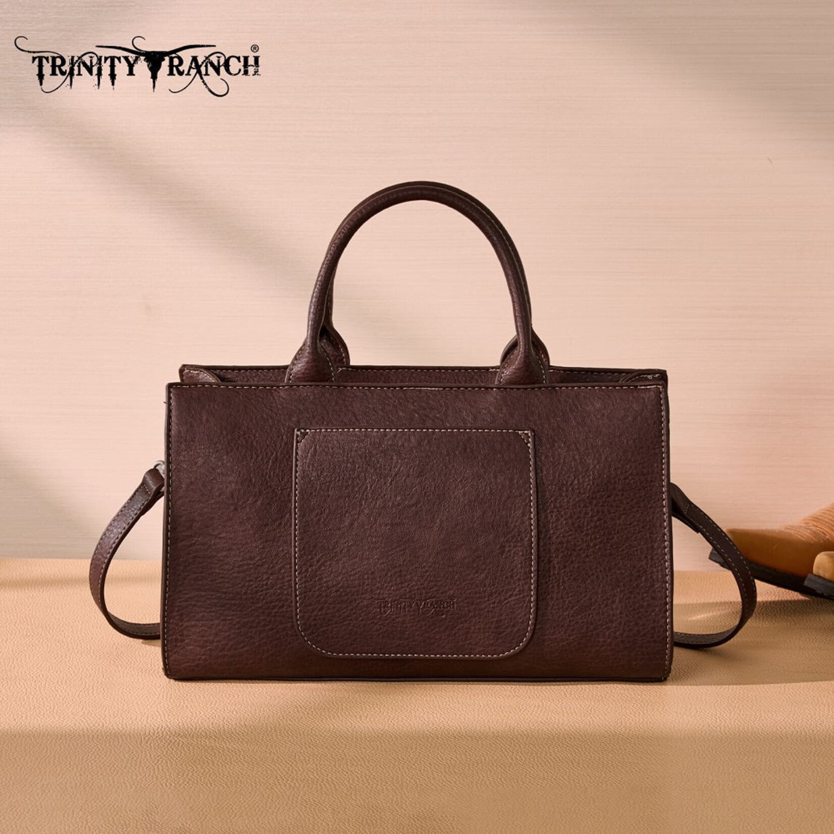 Trinity Ranch TR214-8802CF - Coffee - Trinity Ranch Floral Tooled Leather Western Satchel Tote Bag