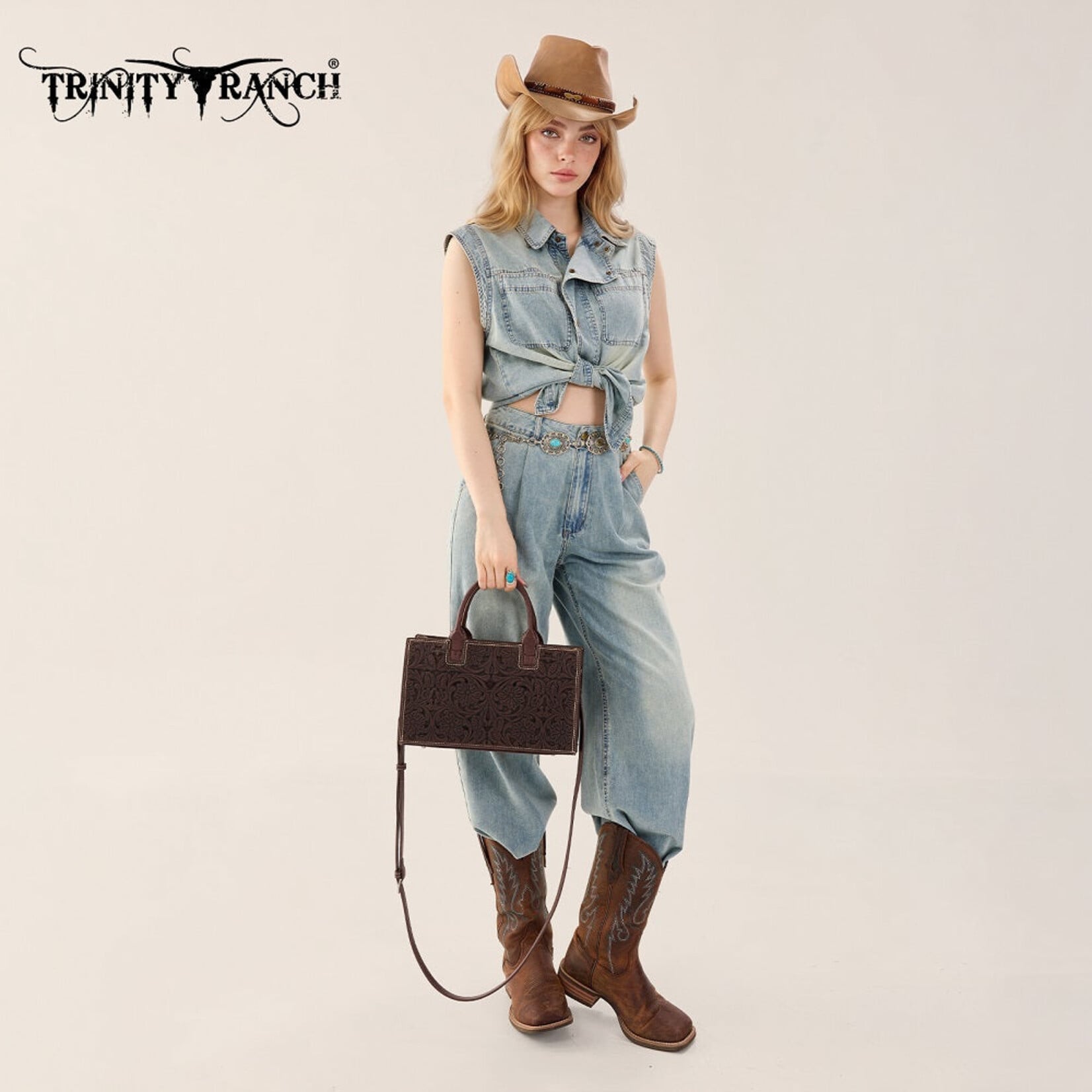 Trinity Ranch TR214-8802CF - Coffee - Trinity Ranch Floral Tooled Leather Western Satchel Tote Bag