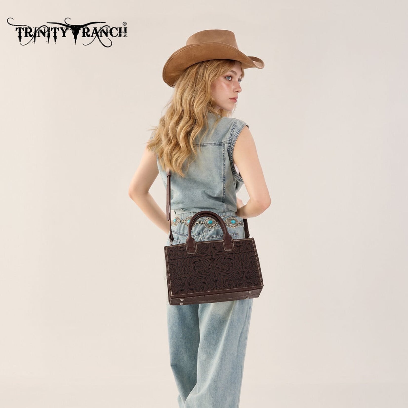 Trinity Ranch TR214-8802CF - Coffee - Trinity Ranch Floral Tooled Leather Western Satchel Tote Bag