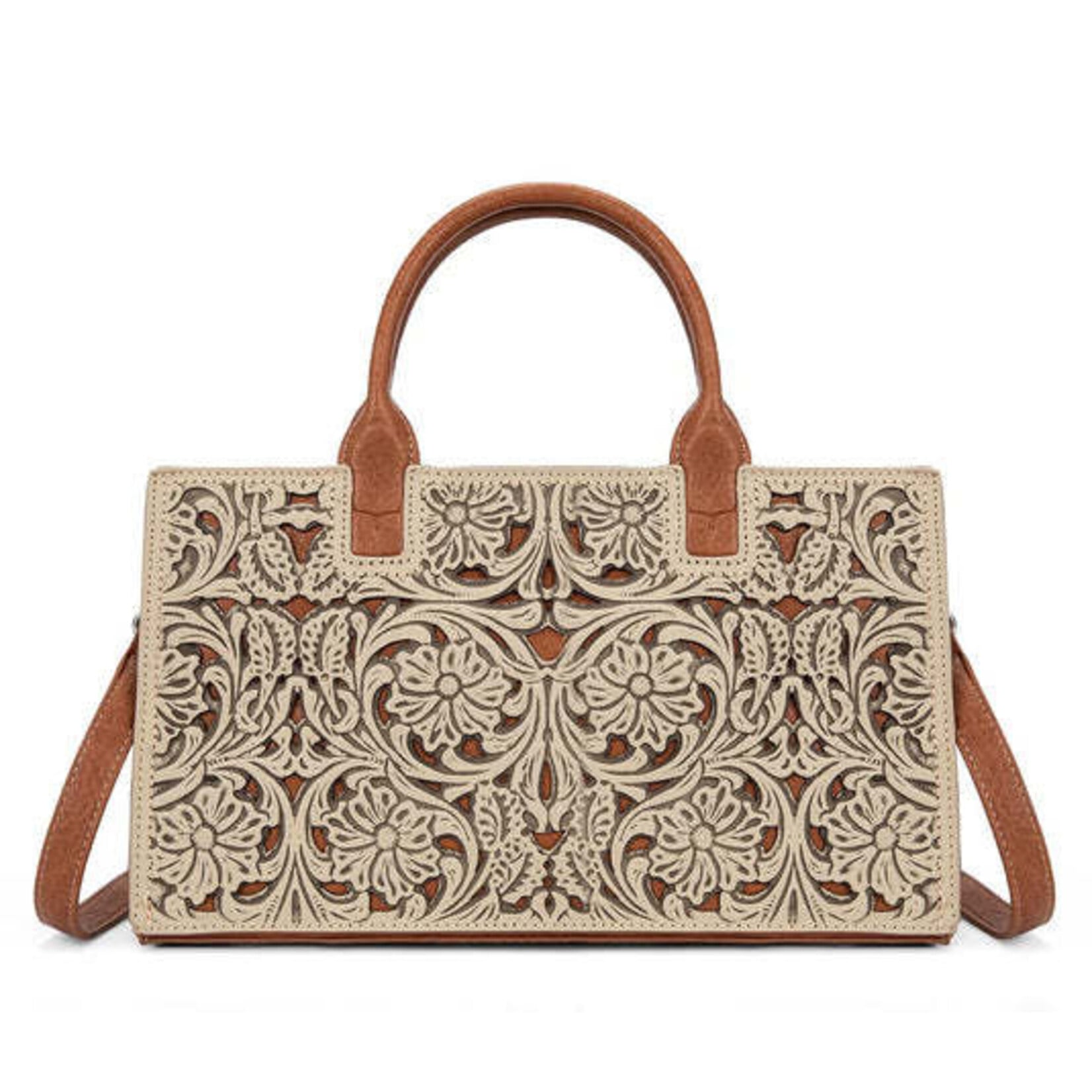 Trinity Ranch TR214-8802TN - Tan - Trinity Ranch Floral Tooled Leather Western Satchel Tote Bag
