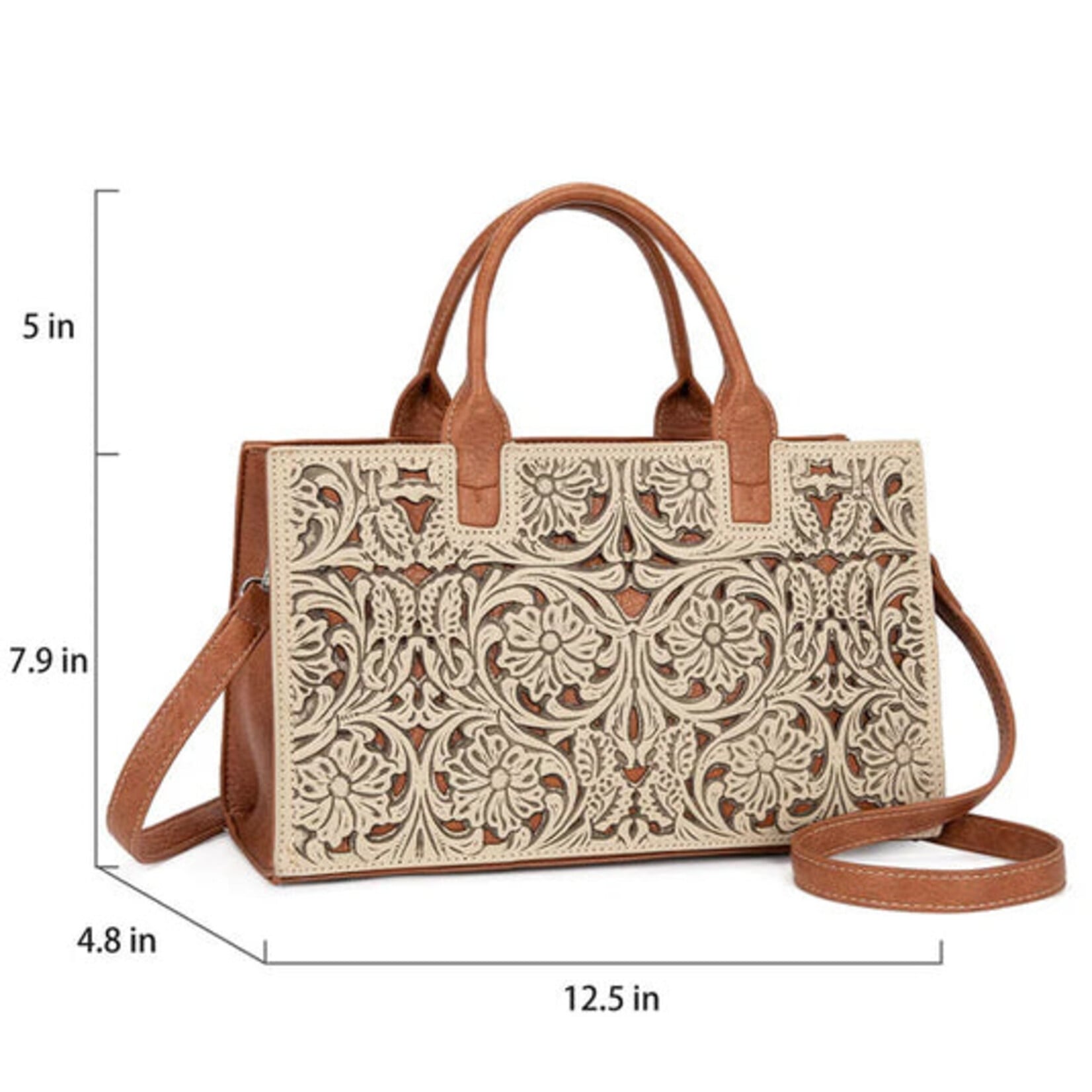 Trinity Ranch TR214-8802TN - Tan - Trinity Ranch Floral Tooled Leather Western Satchel Tote Bag