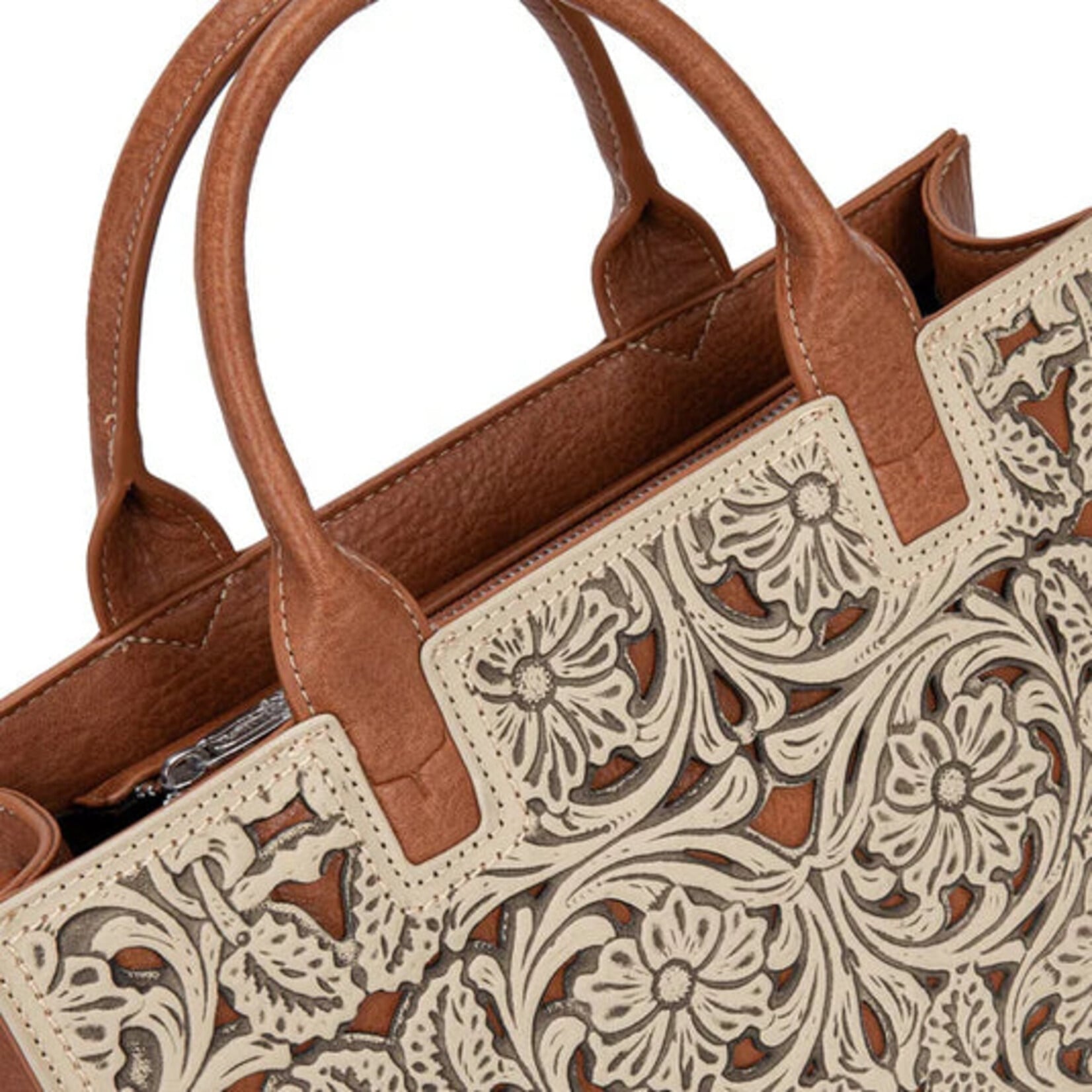 Trinity Ranch TR214-8802TN - Tan - Trinity Ranch Floral Tooled Leather Western Satchel Tote Bag