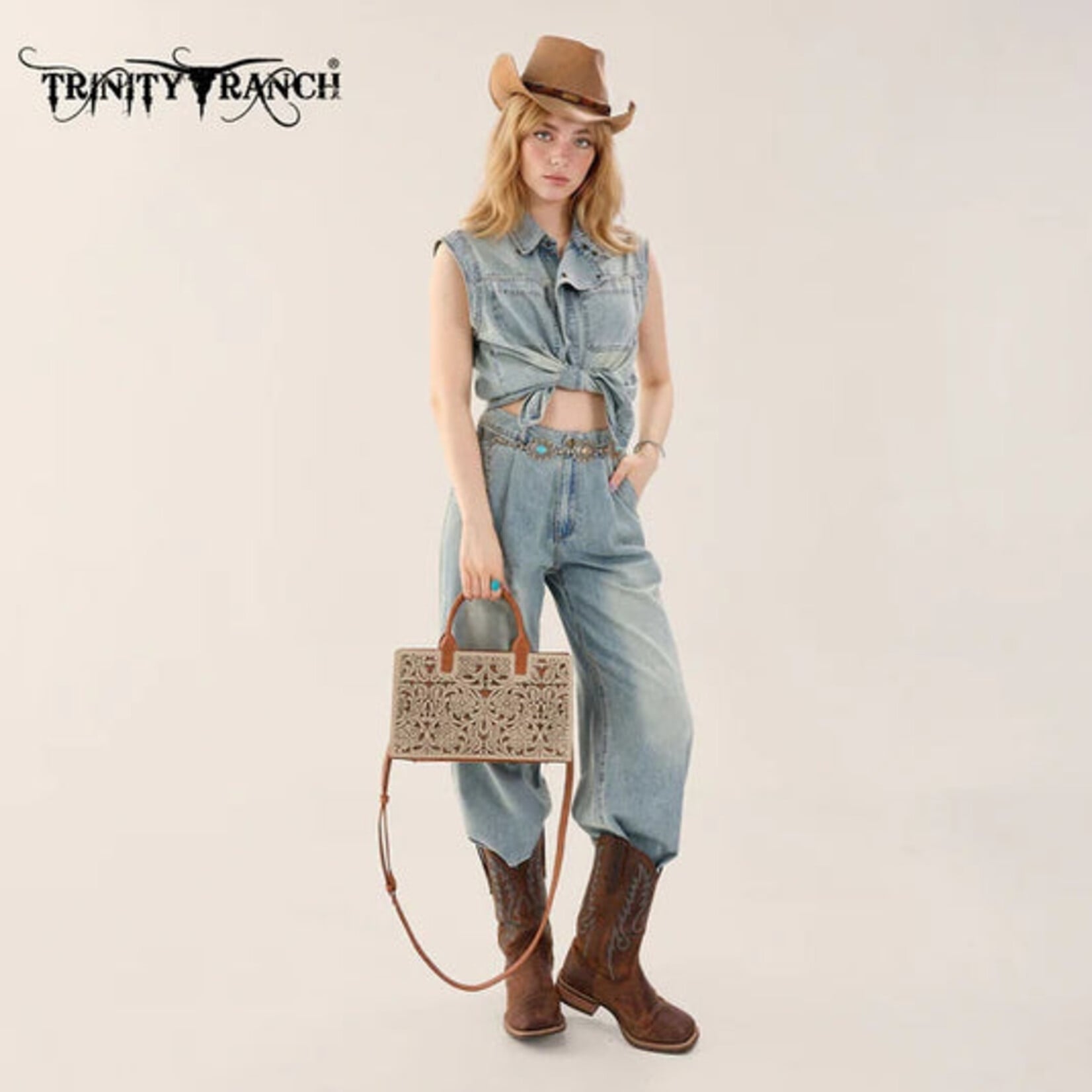 Trinity Ranch TR214-8802TN - Tan - Trinity Ranch Floral Tooled Leather Western Satchel Tote Bag