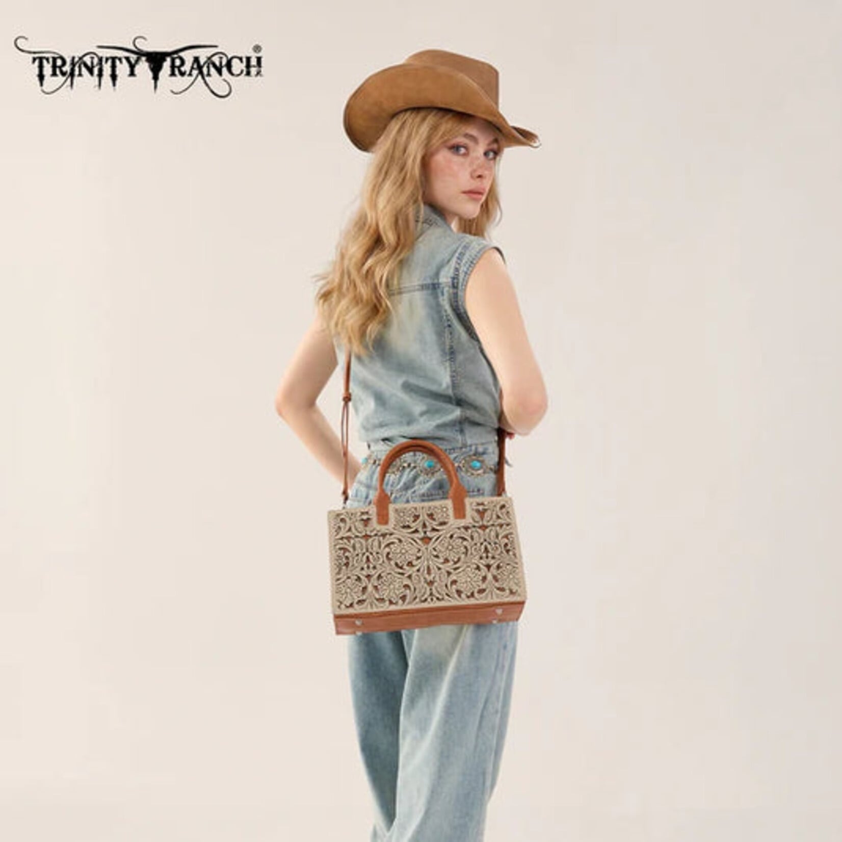Trinity Ranch TR214-8802TN - Tan - Trinity Ranch Floral Tooled Leather Western Satchel Tote Bag
