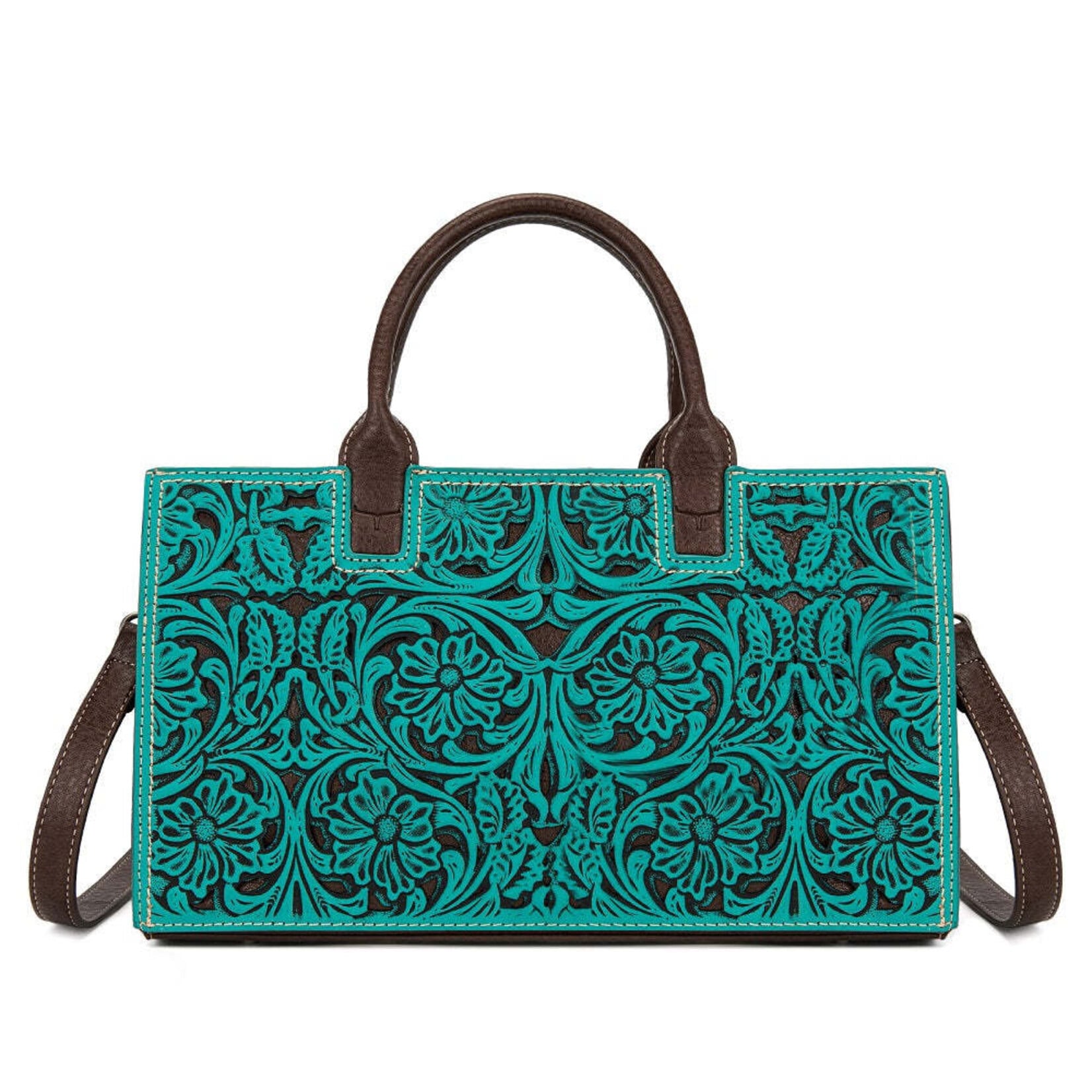 Trinity Ranch TR214-8802TQ - Turquoise - Trinity Ranch Floral Tooled Leather Western Satchel Tote Bag