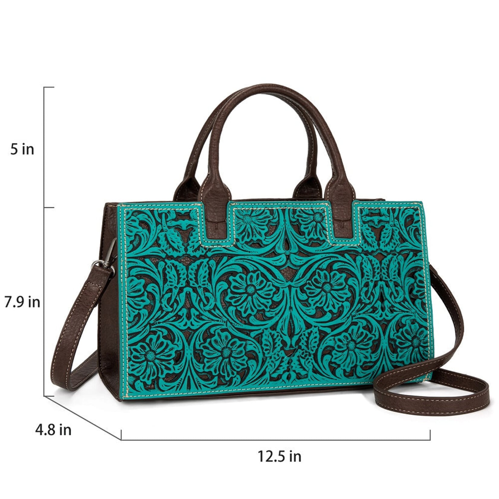 Trinity Ranch TR214-8802TQ - Turquoise - Trinity Ranch Floral Tooled Leather Western Satchel Tote Bag
