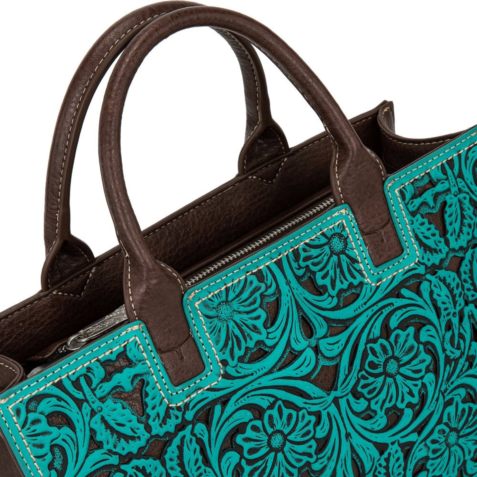 Trinity Ranch TR214-8802TQ - Turquoise - Trinity Ranch Floral Tooled Leather Western Satchel Tote Bag