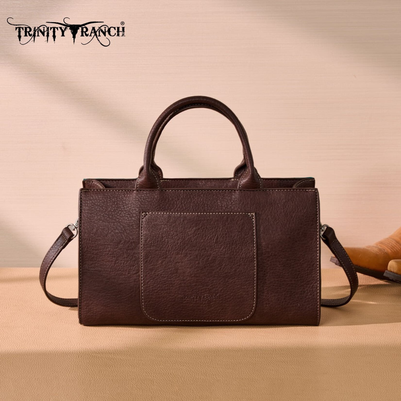 Trinity Ranch TR214-8802TQ - Turquoise - Trinity Ranch Floral Tooled Leather Western Satchel Tote Bag