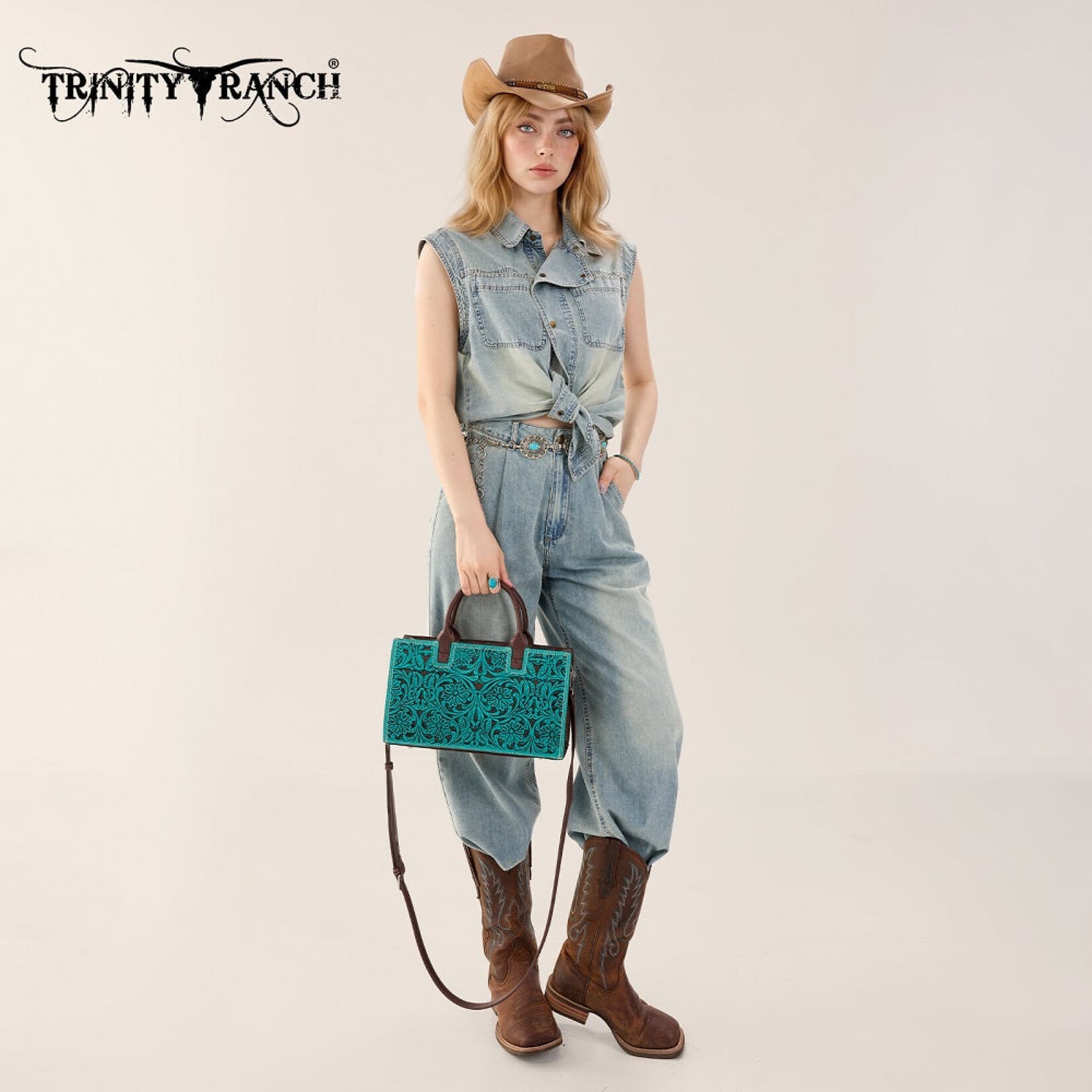 Trinity Ranch TR214-8802TQ - Turquoise - Trinity Ranch Floral Tooled Leather Western Satchel Tote Bag