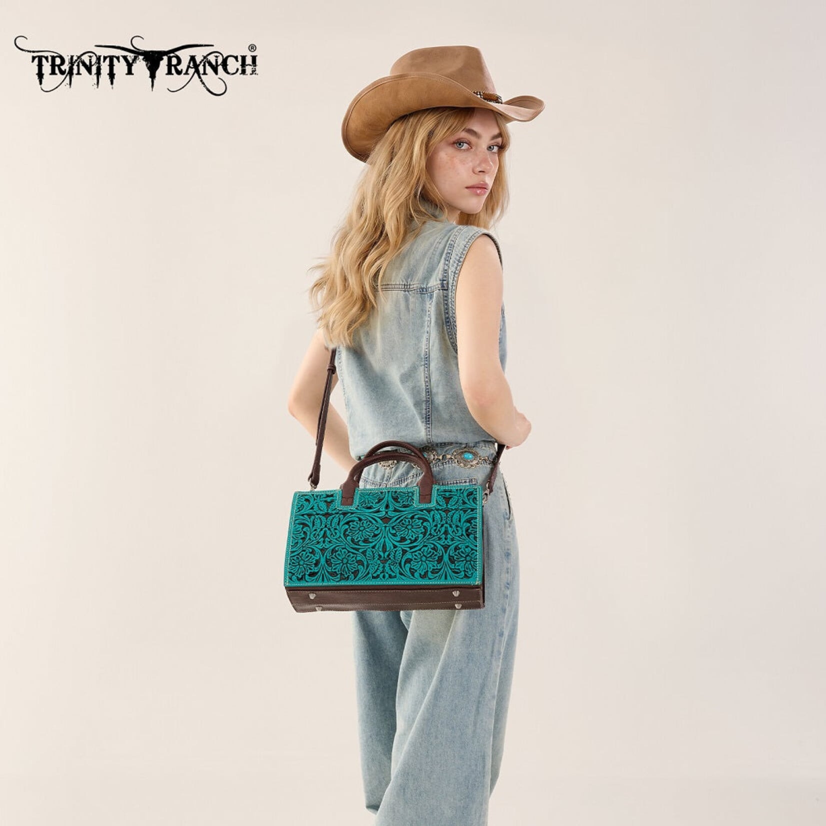 Trinity Ranch TR214-8802TQ - Turquoise - Trinity Ranch Floral Tooled Leather Western Satchel Tote Bag