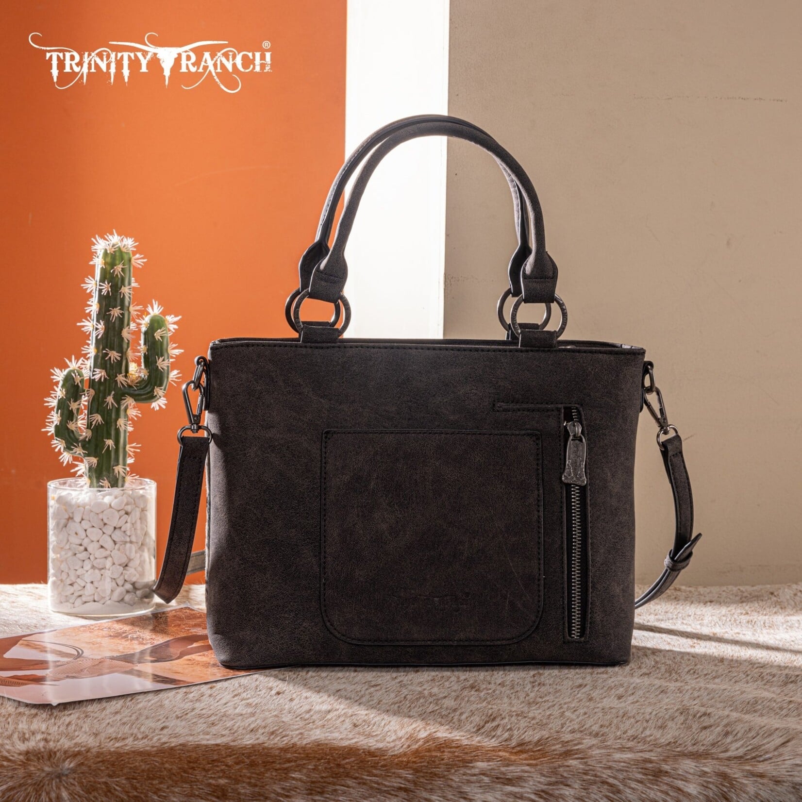 Trinity Ranch TR198G-8899BK - Black - Trinity Ranch Genuine Hair-On Cowhide Collection Concealed Carry Tote