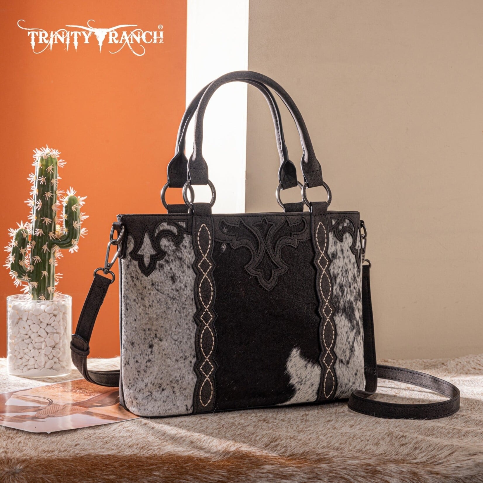 Trinity Ranch TR198G-8899BK - Black - Trinity Ranch Genuine Hair-On Cowhide Collection Concealed Carry Tote