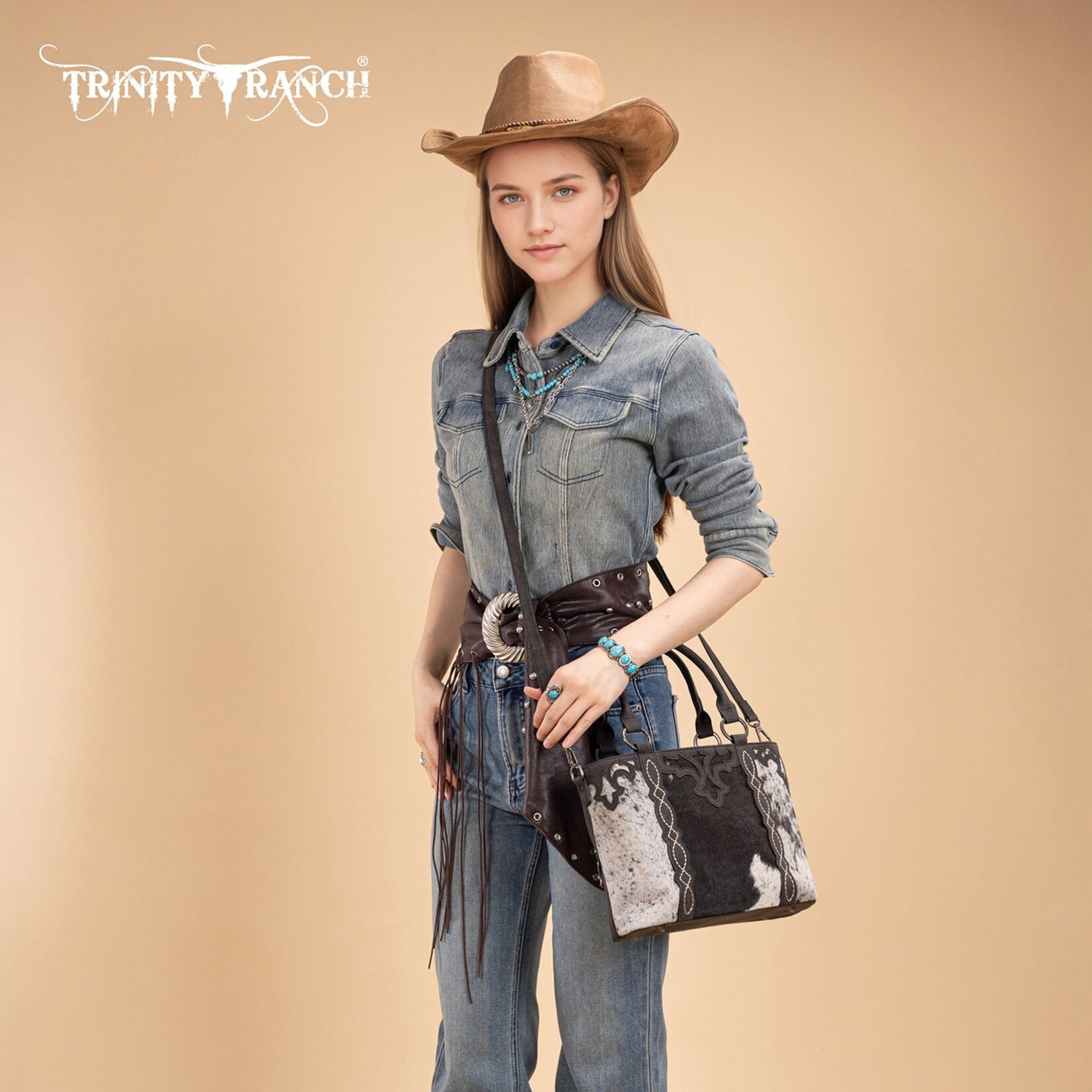 Trinity Ranch TR198G-8899BK - Black - Trinity Ranch Genuine Hair-On Cowhide Collection Concealed Carry Tote