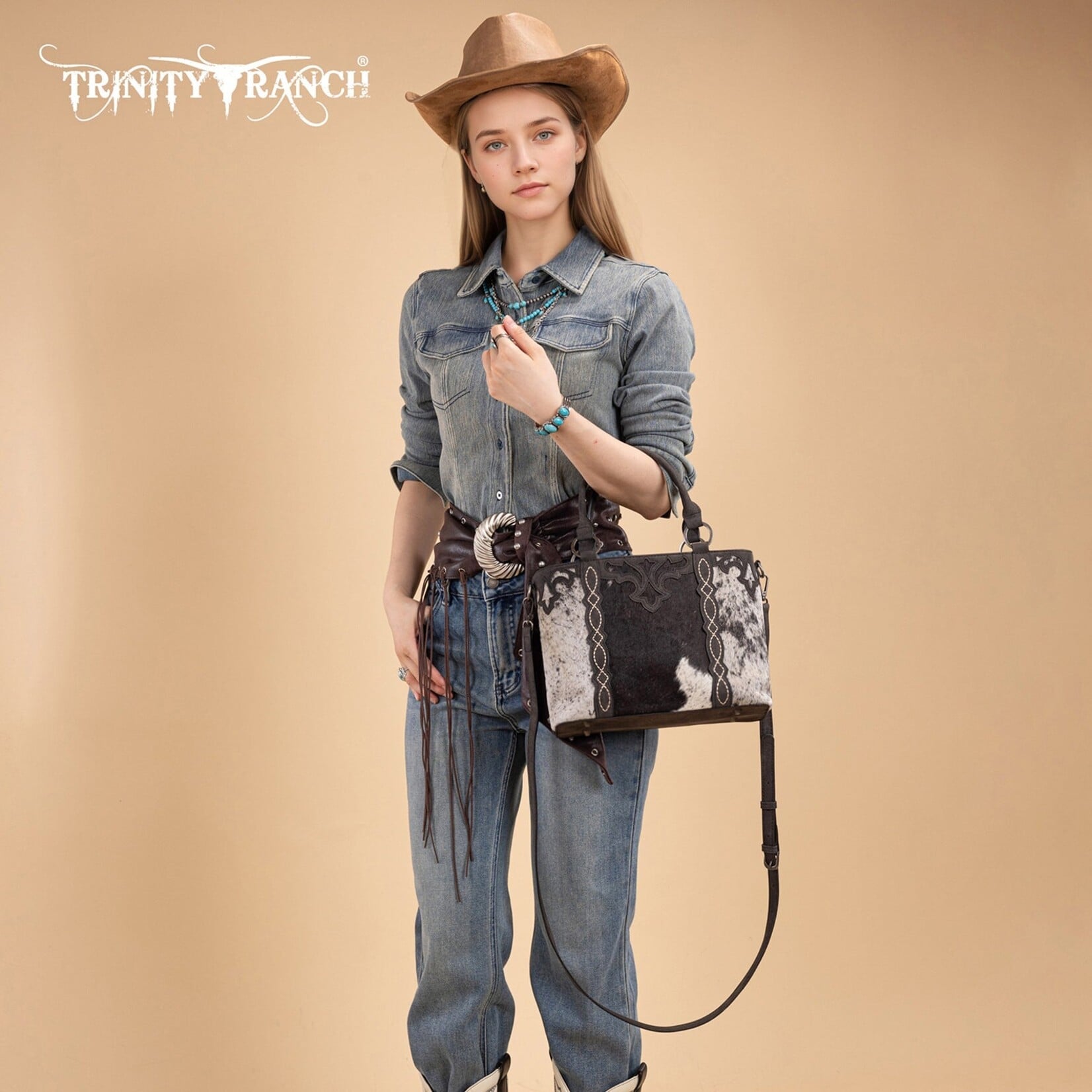 Trinity Ranch TR198G-8899BK - Black - Trinity Ranch Genuine Hair-On Cowhide Collection Concealed Carry Tote