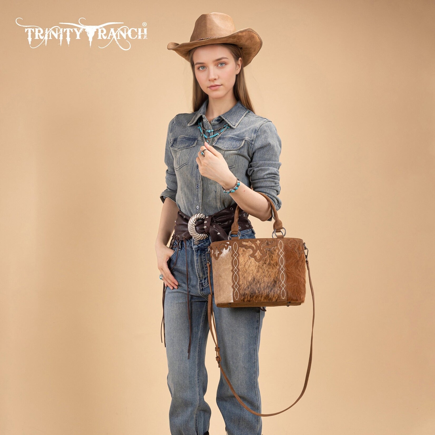 Trinity Ranch TR198G-8899BR - Brown - Trinity Ranch Genuine Hair-On Cowhide Collection Concealed Carry Tote