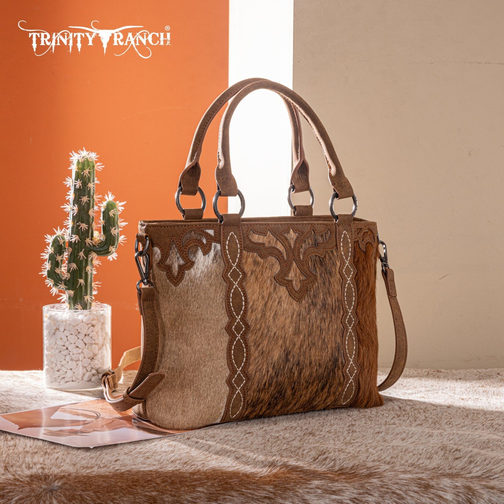 Trinity Ranch TR198G-8899BR - Brown - Trinity Ranch Genuine Hair-On Cowhide Collection Concealed Carry Tote