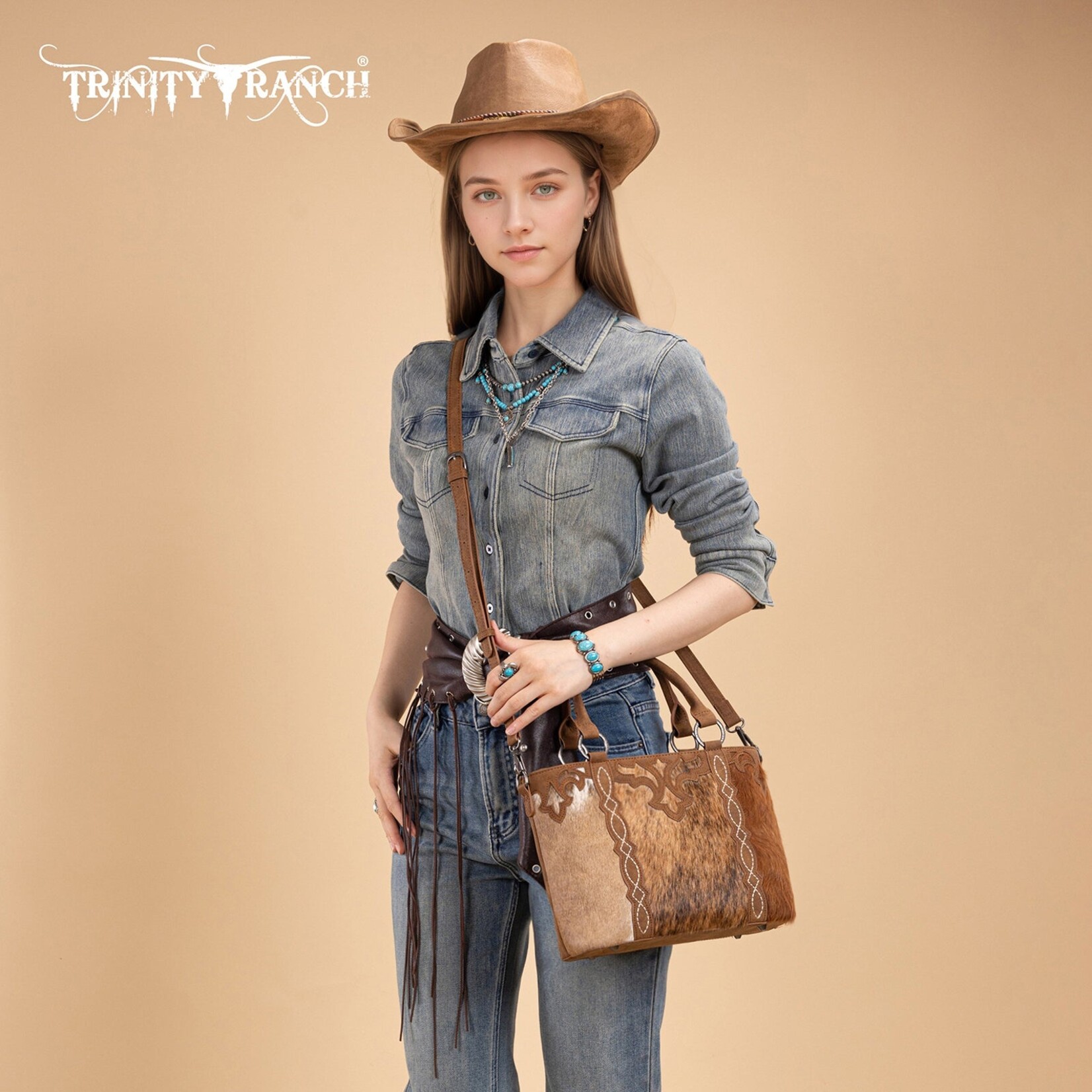 Trinity Ranch TR198G-8899BR - Brown - Trinity Ranch Genuine Hair-On Cowhide Collection Concealed Carry Tote