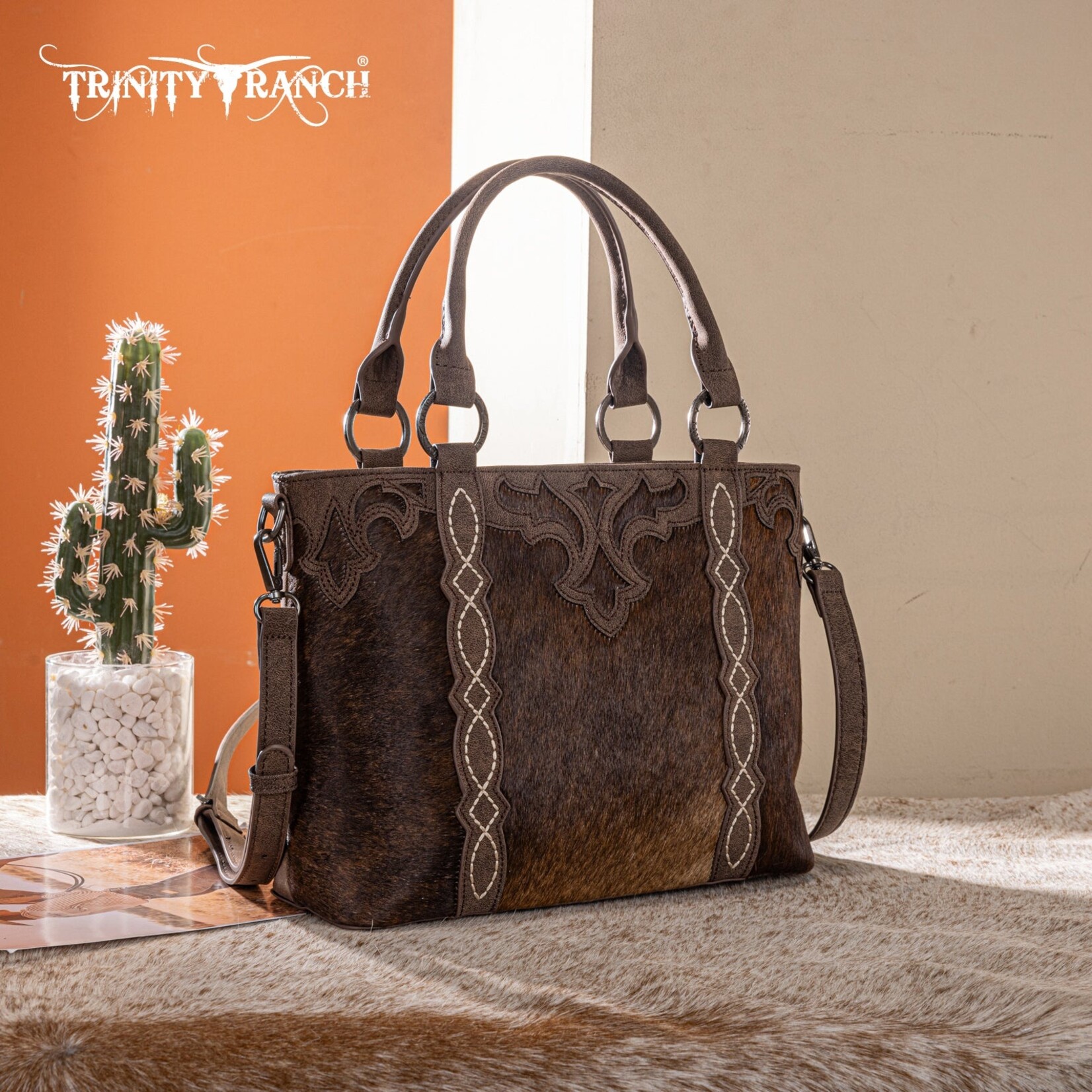 Trinity Ranch TR198G-8899CF - Coffee - Trinity Ranch Genuine Hair-On Cowhide Collection Concealed Carry Tote