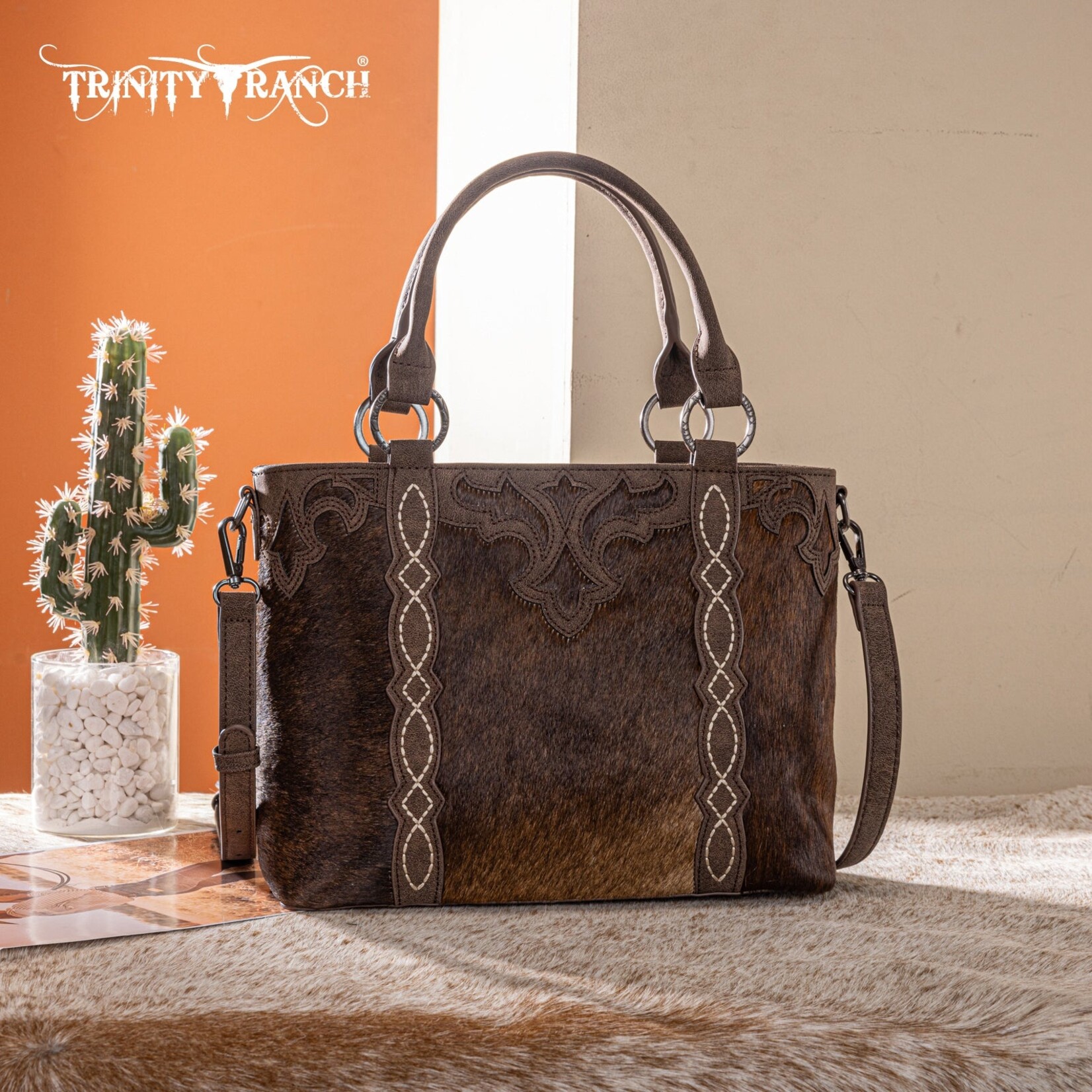 Trinity Ranch TR198G-8899CF - Coffee - Trinity Ranch Genuine Hair-On Cowhide Collection Concealed Carry Tote