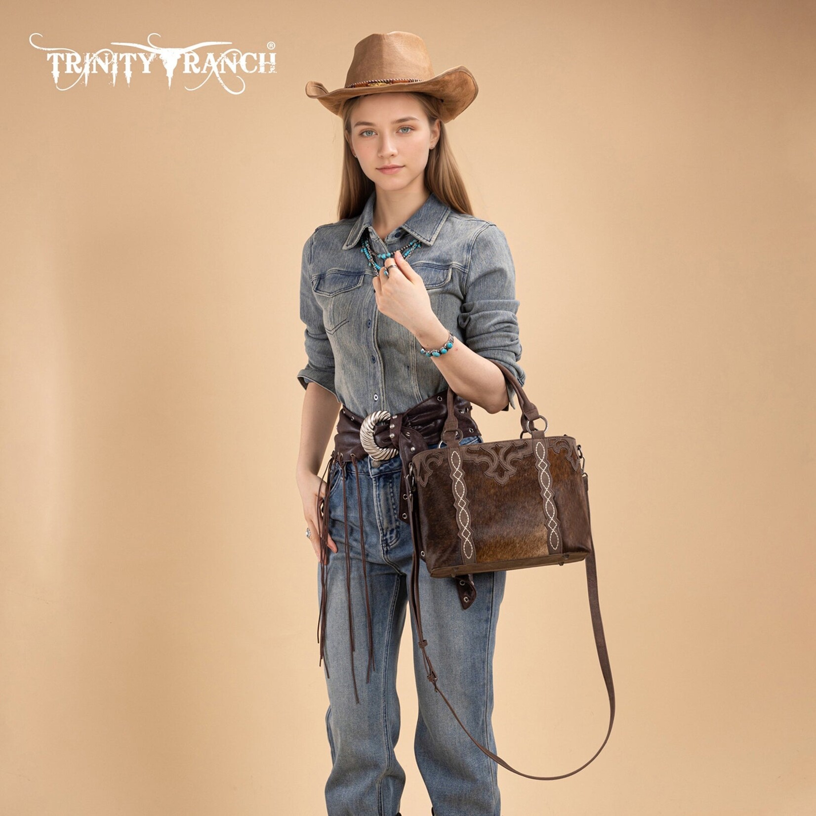 Trinity Ranch TR198G-8899CF - Coffee - Trinity Ranch Genuine Hair-On Cowhide Collection Concealed Carry Tote