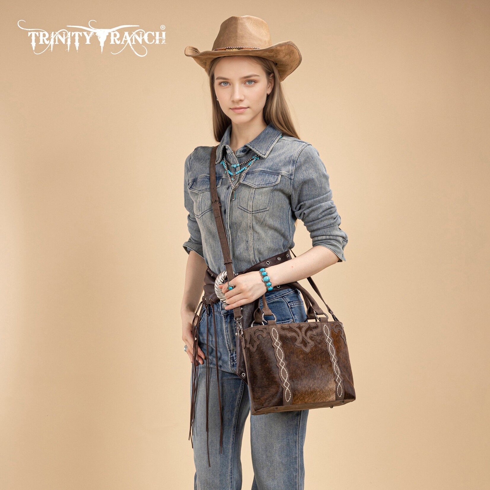 Trinity Ranch TR198G-8899CF - Coffee - Trinity Ranch Genuine Hair-On Cowhide Collection Concealed Carry Tote