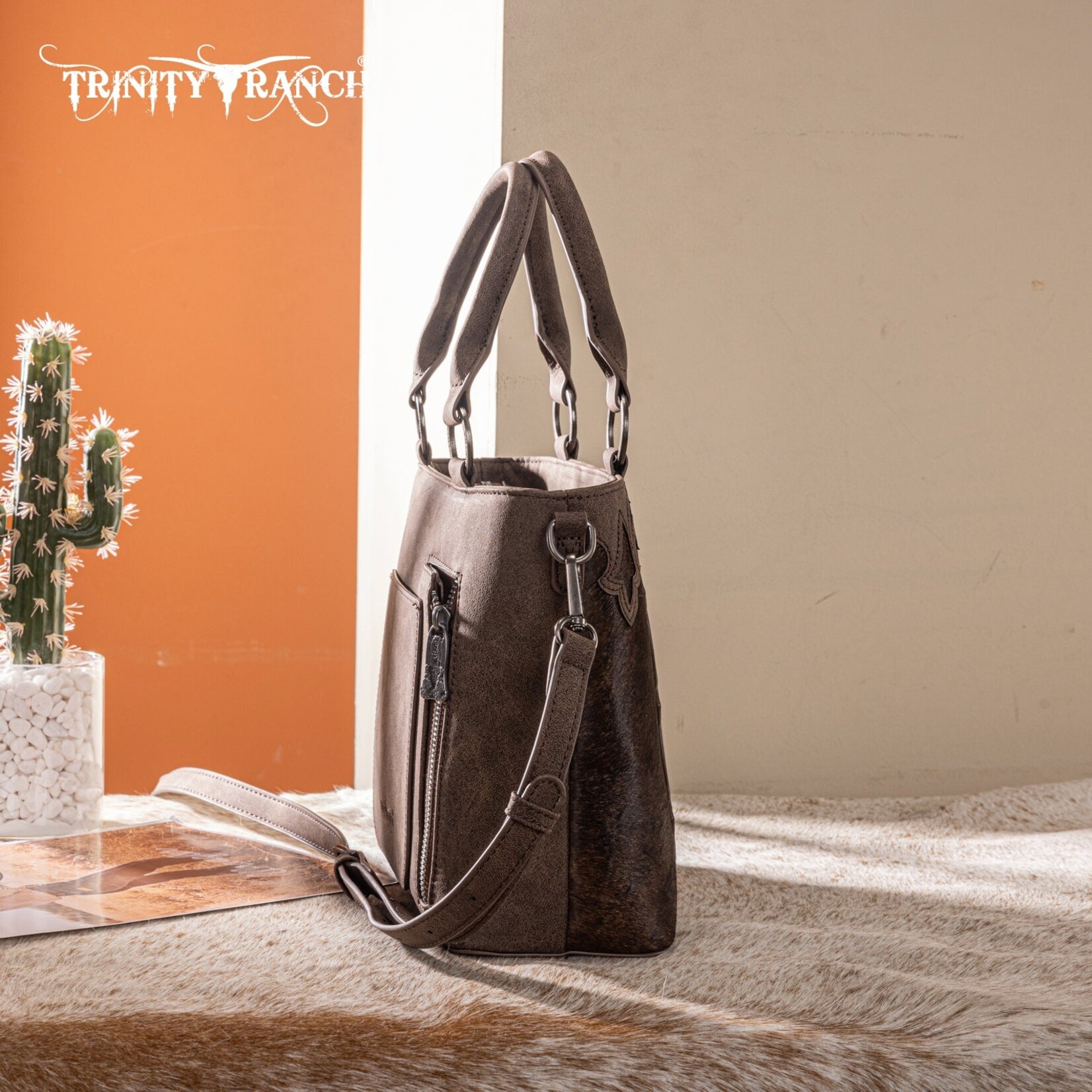 Trinity Ranch TR198G-8899CF - Coffee - Trinity Ranch Genuine Hair-On Cowhide Collection Concealed Carry Tote