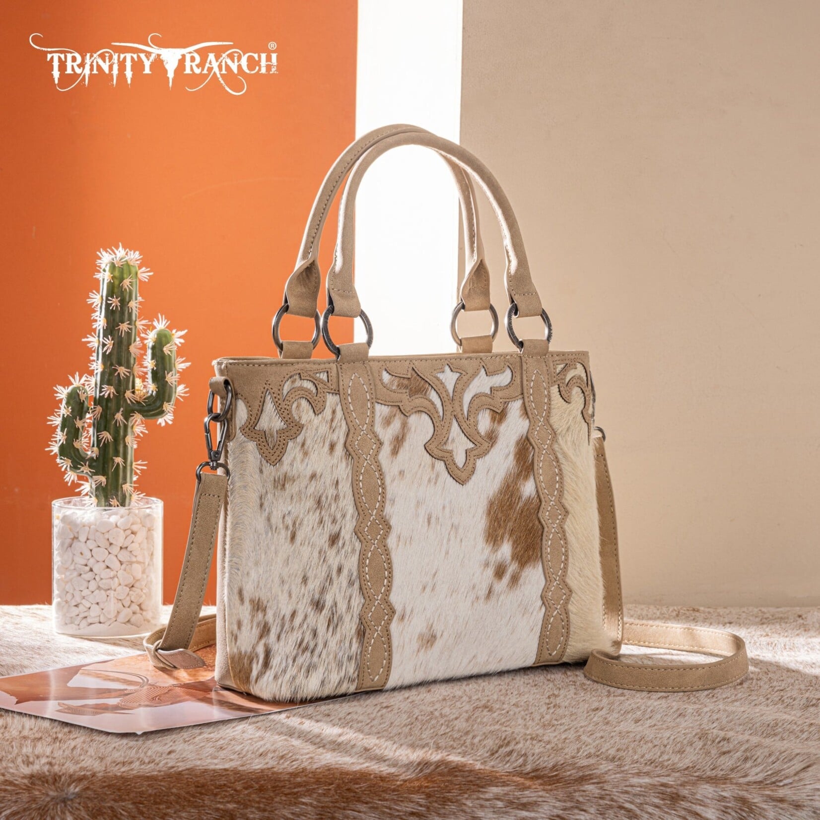 Trinity Ranch TR198G-8899TN - Tan - Trinity Ranch Genuine Hair-On Cowhide Collection Concealed Carry Tote