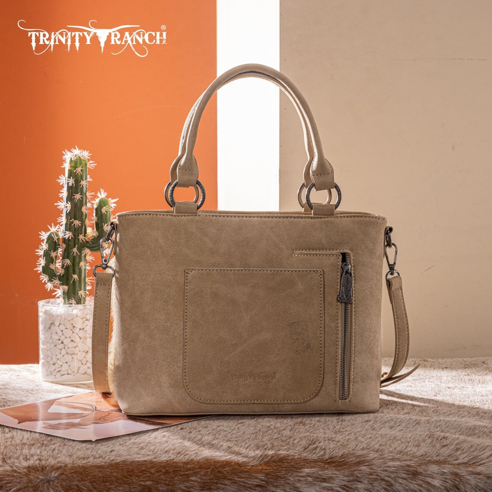 Trinity Ranch TR198G-8899TN - Tan - Trinity Ranch Genuine Hair-On Cowhide Collection Concealed Carry Tote