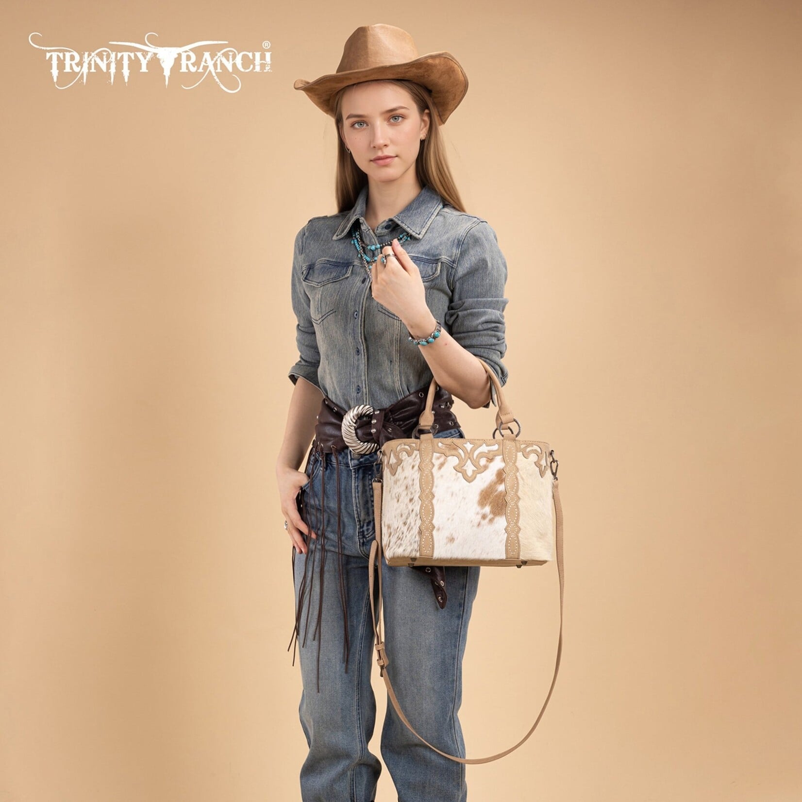 Trinity Ranch TR198G-8899TN - Tan - Trinity Ranch Genuine Hair-On Cowhide Collection Concealed Carry Tote