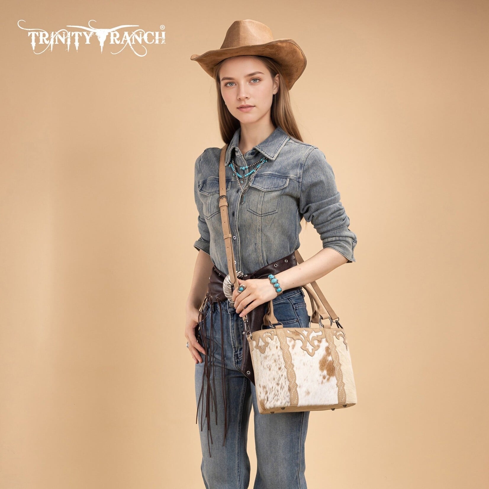 Trinity Ranch TR198G-8899TN - Tan - Trinity Ranch Genuine Hair-On Cowhide Collection Concealed Carry Tote