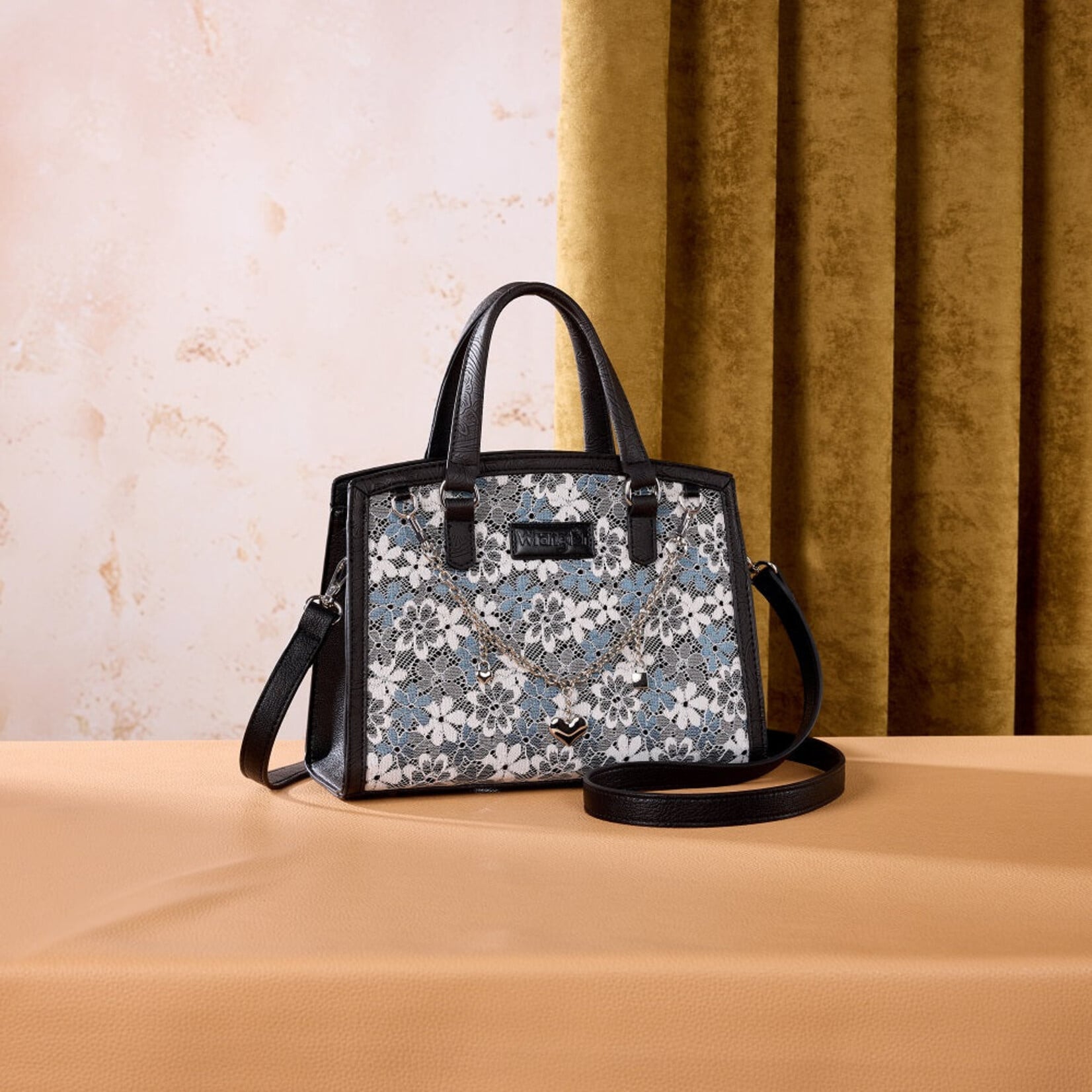 Wrangler WG-HB-455-8130BK - Black - Wrangler Western Chic Lace with Chain Charm Satchel/Crossbody Bag