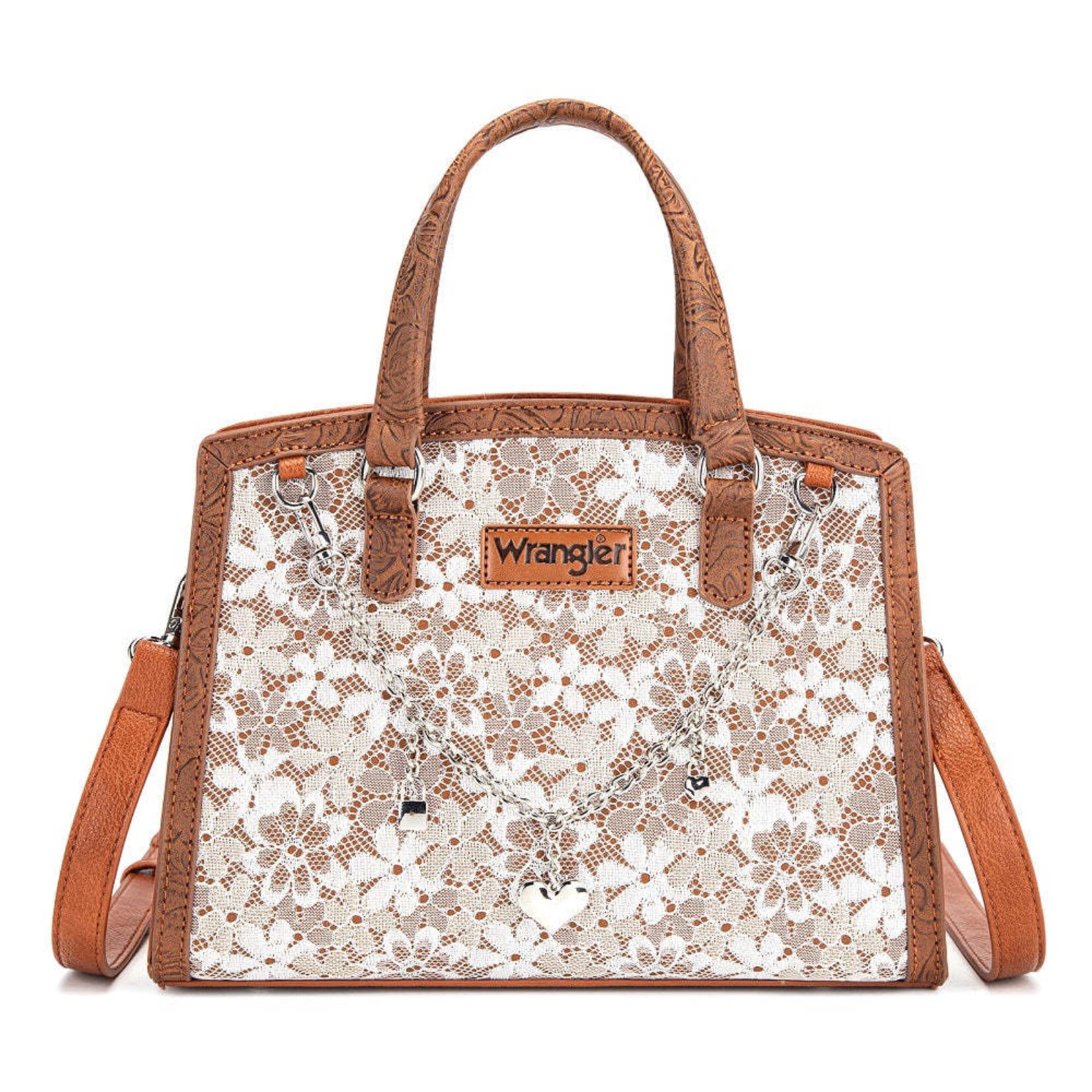 Wrangler WG-HB-455-8130BR - Brown - Wrangler Western Chic Lace with Chain Charm Satchel/Crossbody Bag