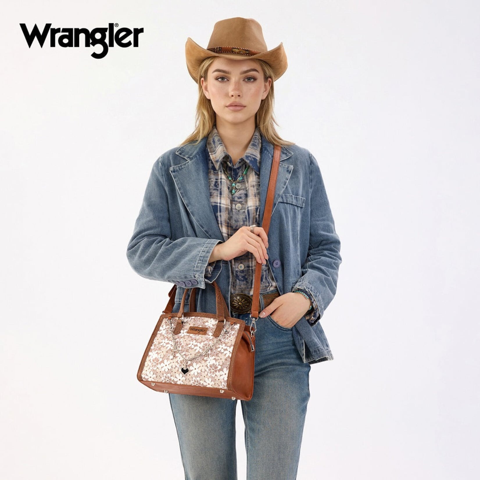 Wrangler WG-HB-455-8130BR - Brown - Wrangler Western Chic Lace with Chain Charm Satchel/Crossbody Bag