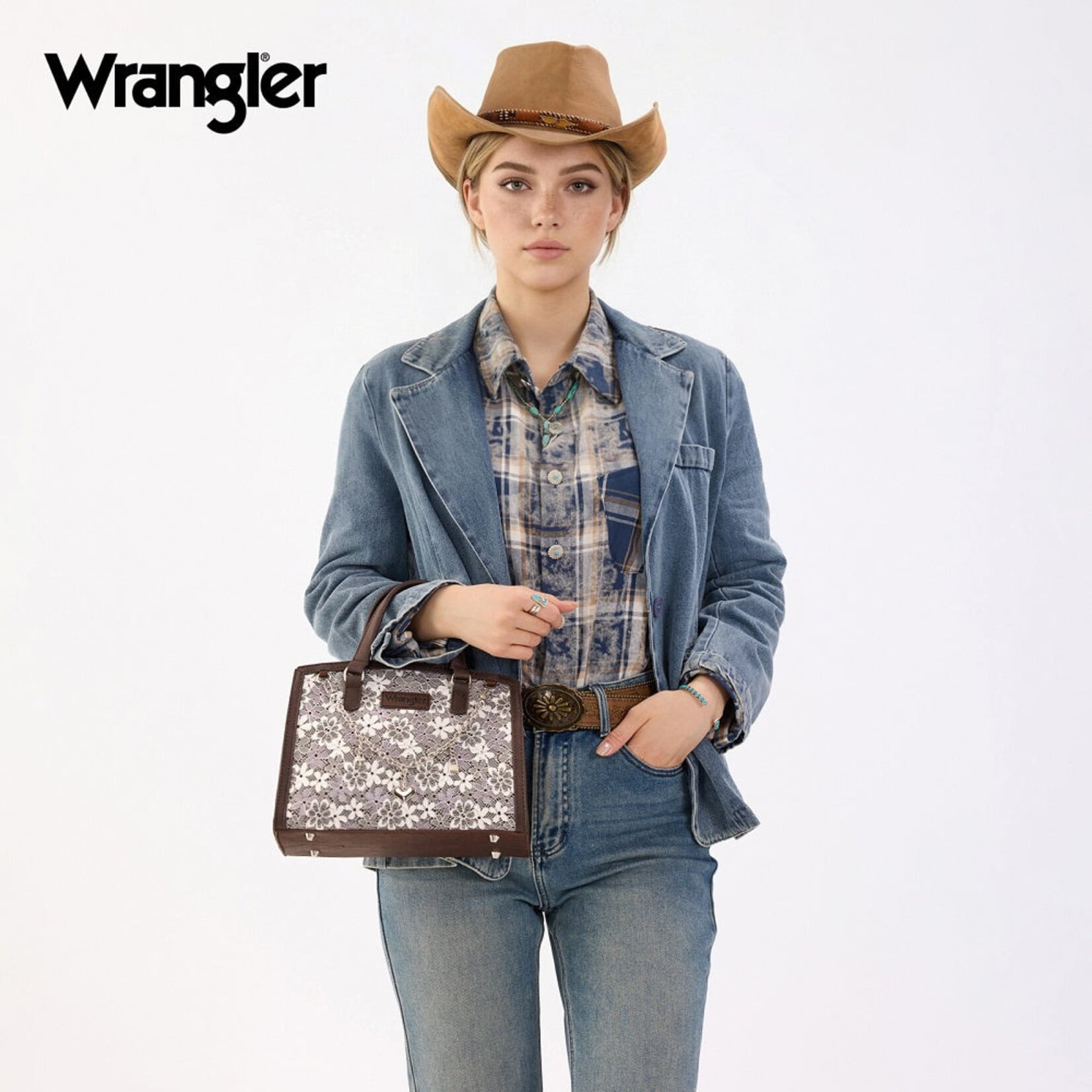Wrangler WG-HB-455-8130CF - Coffee - Wrangler Western Chic Lace with Chain Charm Satchel/Crossbody Bag