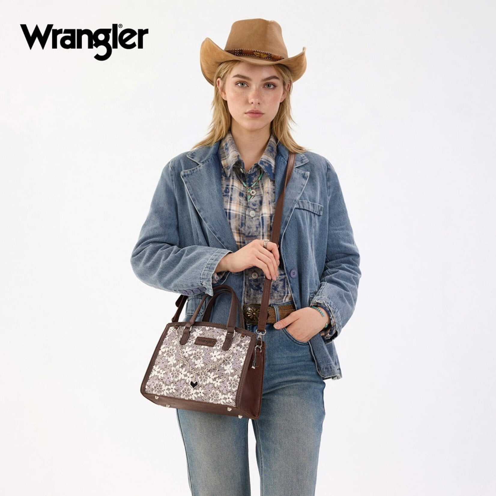 Wrangler WG-HB-455-8130CF - Coffee - Wrangler Western Chic Lace with Chain Charm Satchel/Crossbody Bag
