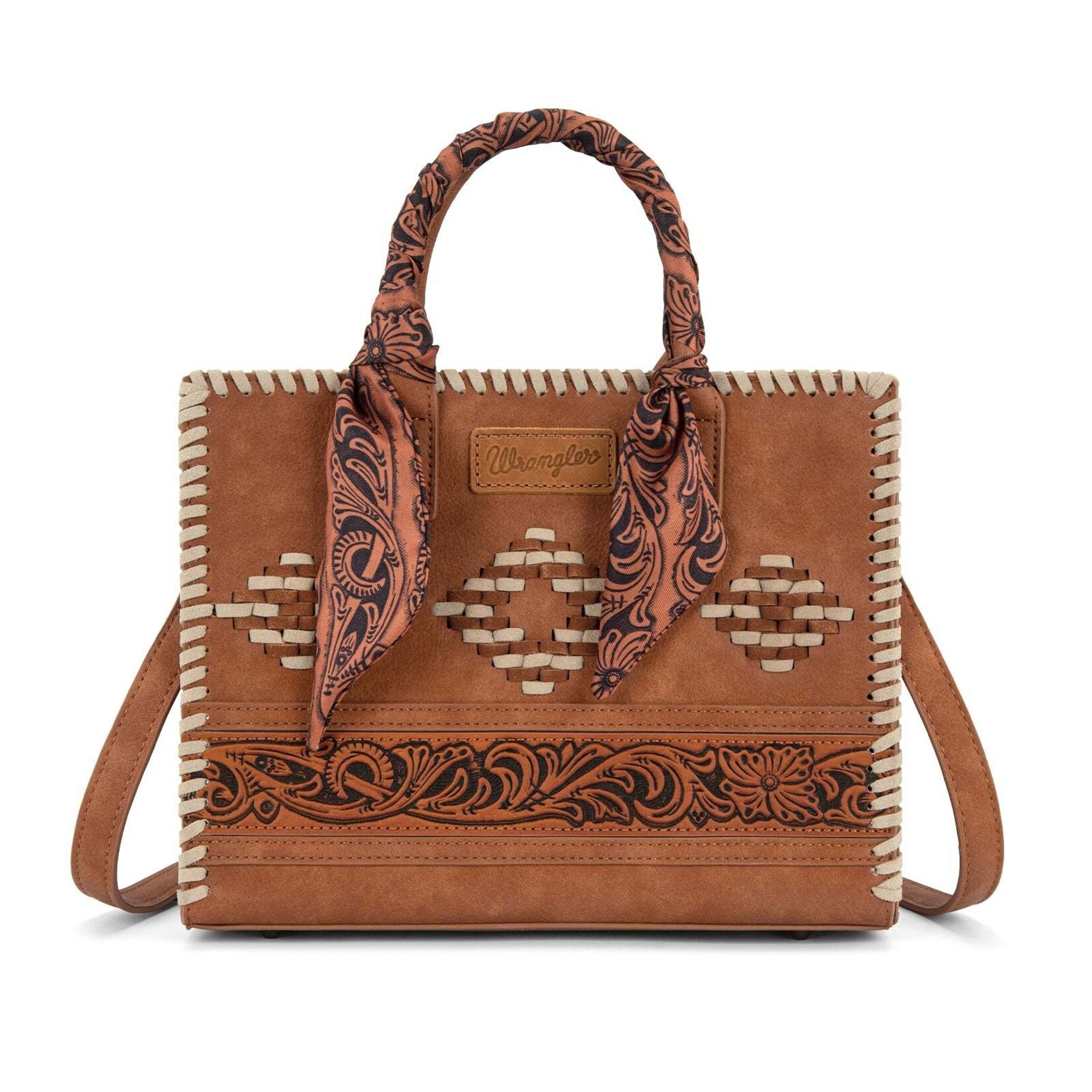 Wrangler WG310-8120BR - Brown - Wrangler Whipstitch Aztec Satchel/Crossbody with Scarf Handle