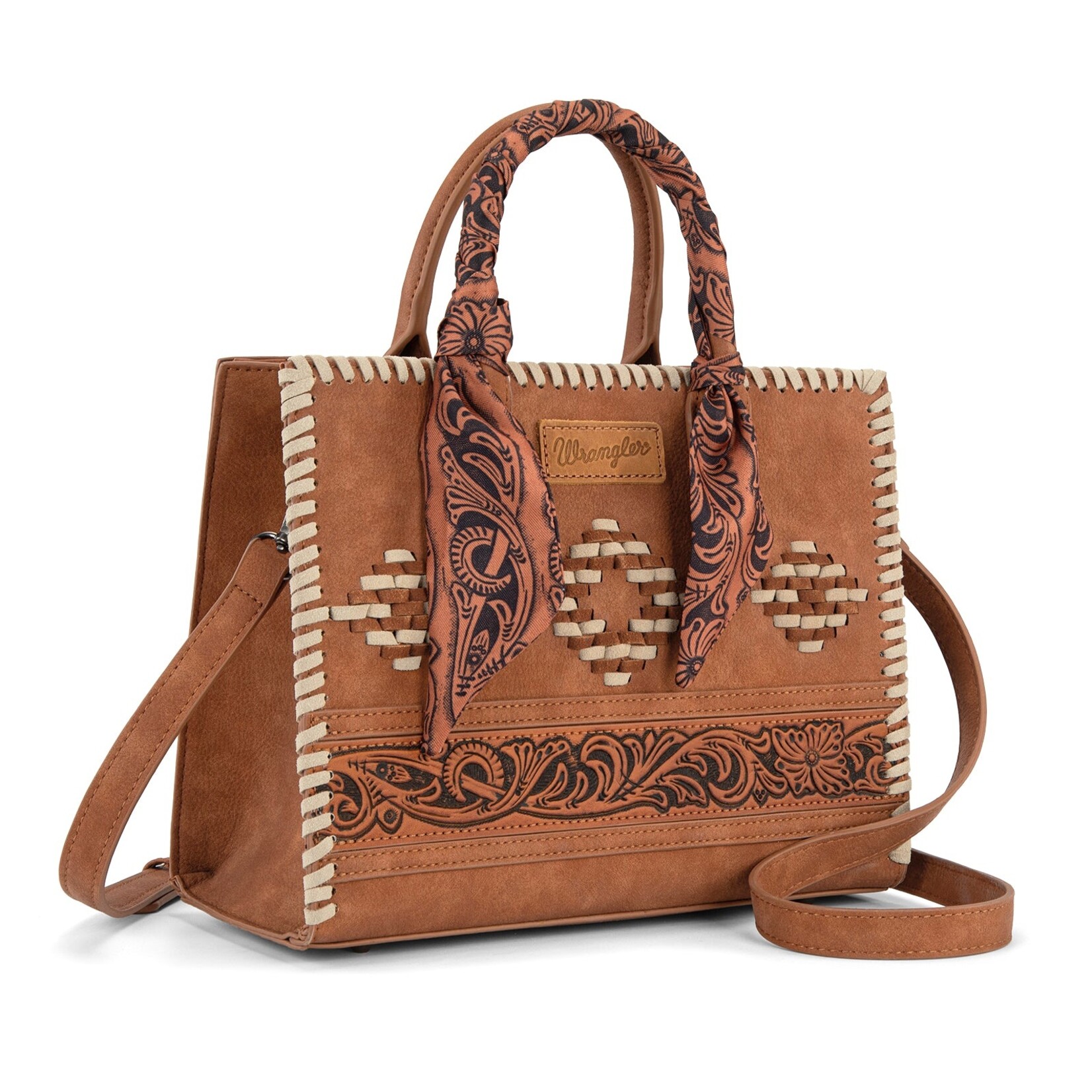 Wrangler WG310-8120BR - Brown - Wrangler Whipstitch Aztec Satchel/Crossbody with Scarf Handle